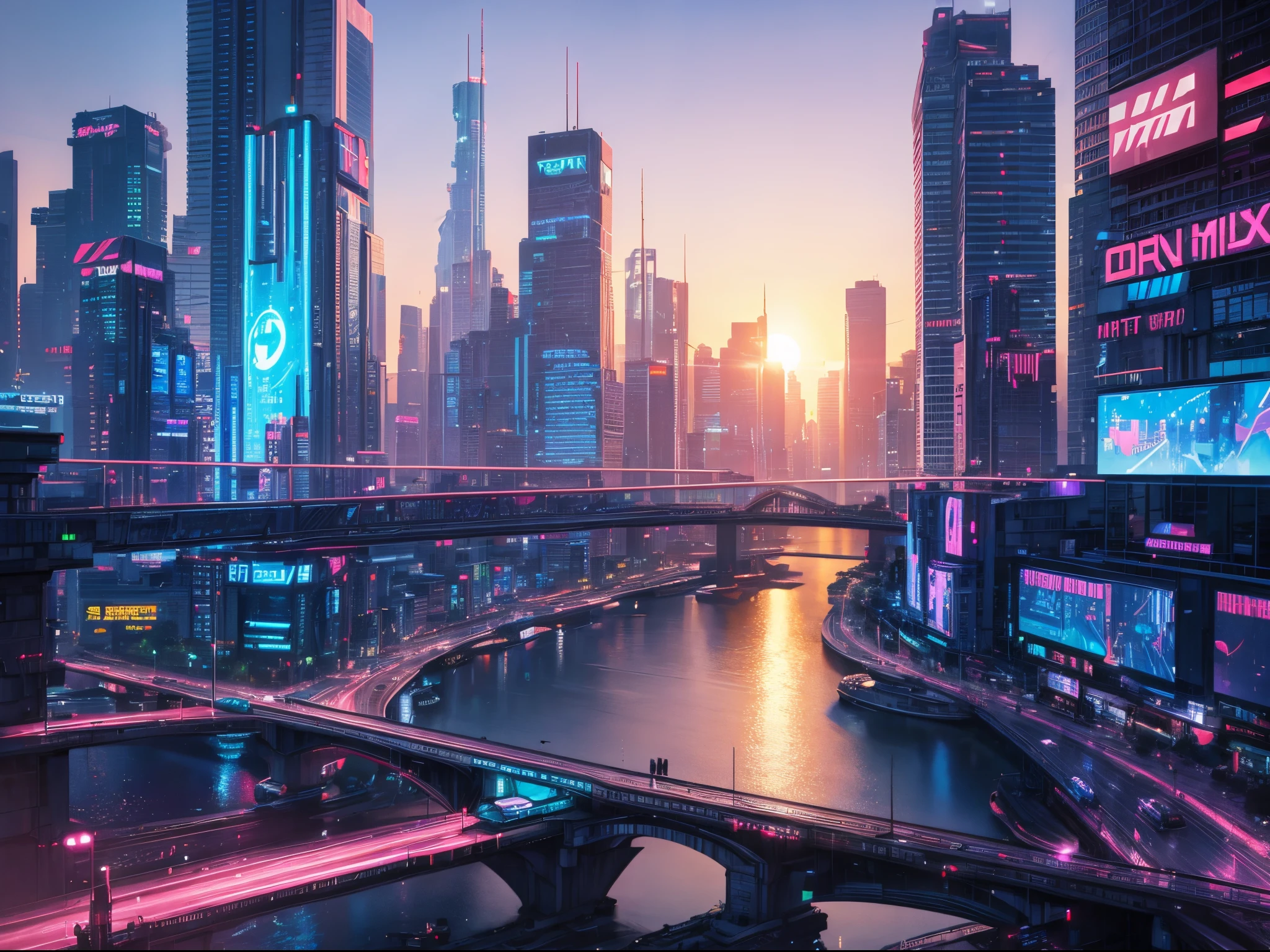 Create a hyperrealistic urban landscape at sunset, with dazzling city lights reflecting on a calm, mirror-like river. The scene should be set in a futuristic, cyberpunk city with neon signs and flying vehicles.