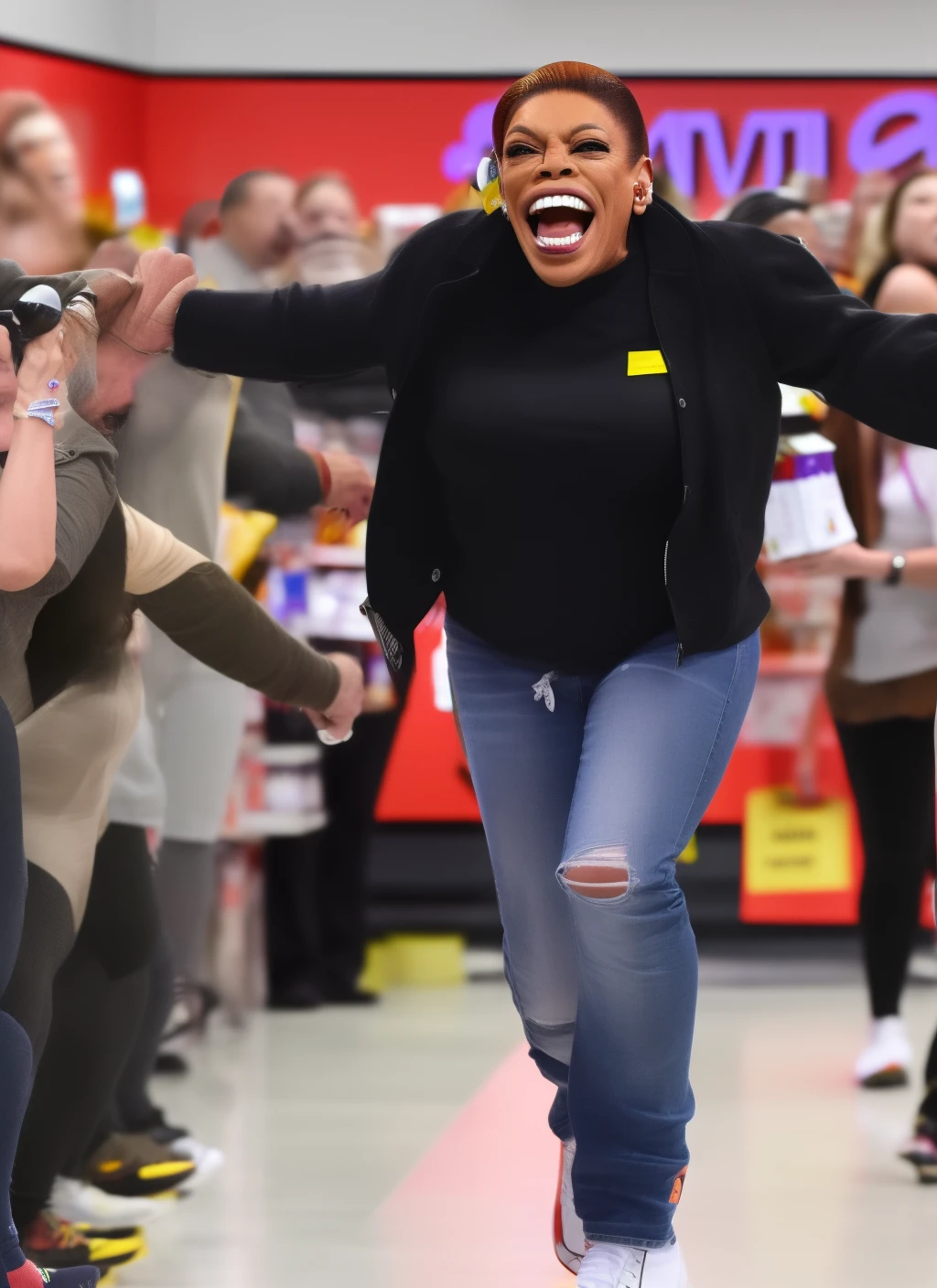 A terrified Wendy Williams running away from a swarm of Walmart employees