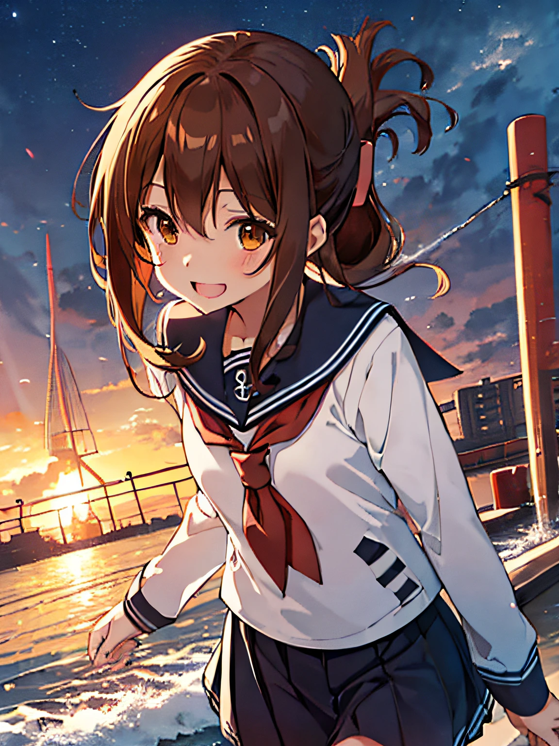 Best Quality, masutepiece, hight resolution, Solo, {Inazuma_Kantai Collection:1.15}, brown_hair, Folded_Ponytail, brown_Eyes, serafuku, long_hair, blush, Open_Mouth, Smile, 1girl in, anchor_symbol, Black_Pants, long_sleeves, up looking_で_viewer, neckerchief, , Red_neckerchief, sailor_Collar, School_uniform,