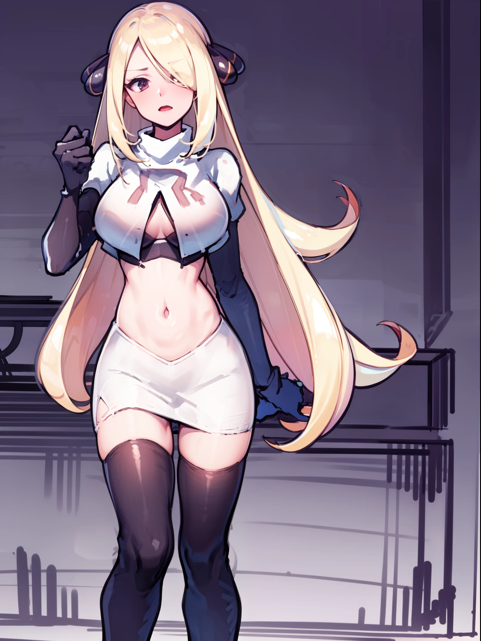 (best quality) BREAK cynthia \(pokemon\),team rocket,team rocket uniform,white skirt,crop top,black thigh-high boots,black elbow gloves,