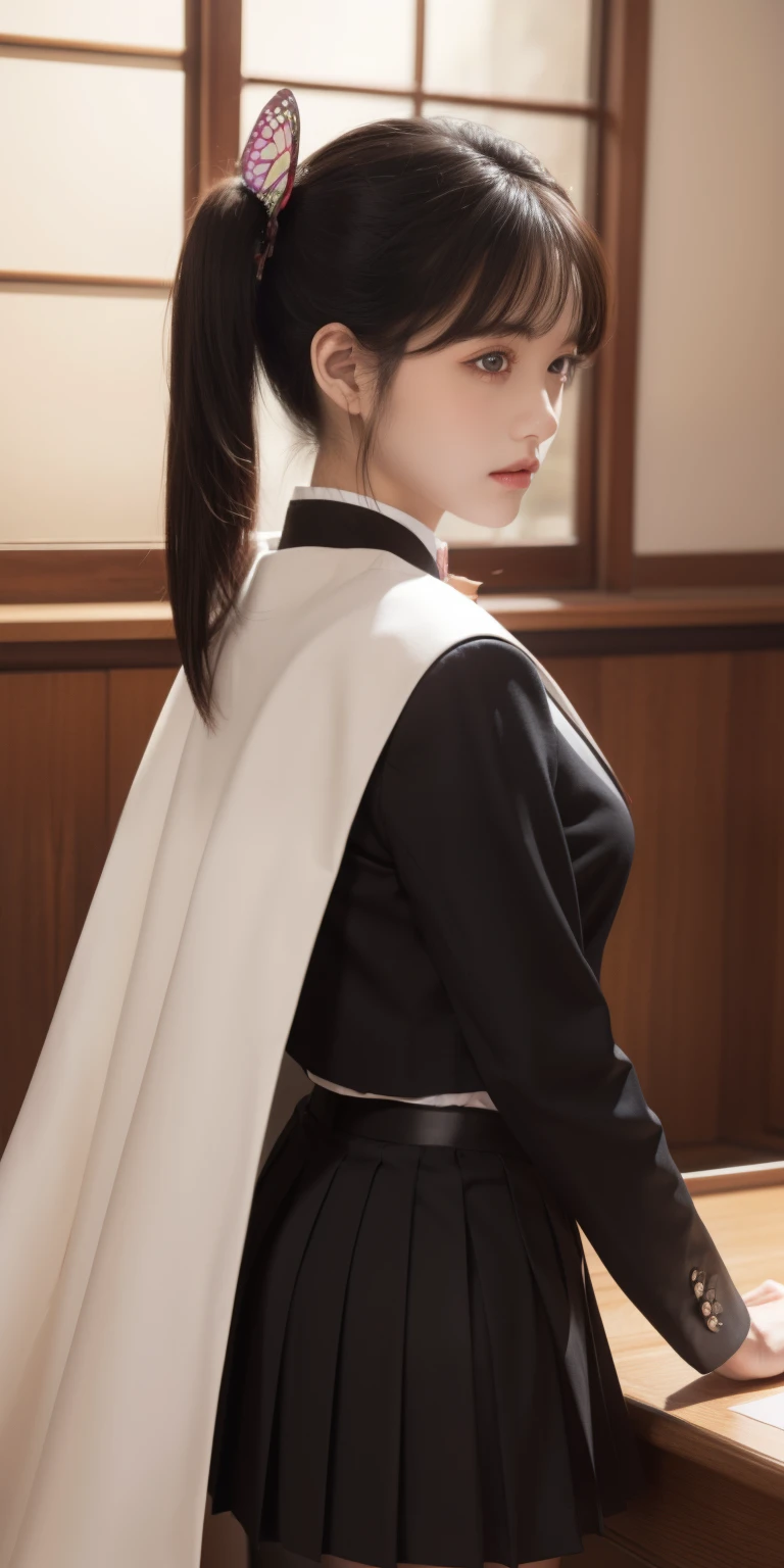 kanaotsuyuri, kanao tsuyuri, black hair, butterfly, butterfly hair ornament, (purple eyes:1.1), side ponytail, ponytail,
BREAK black skirt, cape, demon slayer uniform, long sleeves, pleated skirt, skirt, white cape,
BREAK looking at viewer,
BREAK indoors, classroom,
BREAK (masterpiece:1.2), best quality, high resolution, unity 8k wallpaper, (illustration:0.8), (beautiful detailed eyes:1.6), extremely detailed face, perfect lighting, extremely detailed CG, (perfect hands, perfect anatomy),