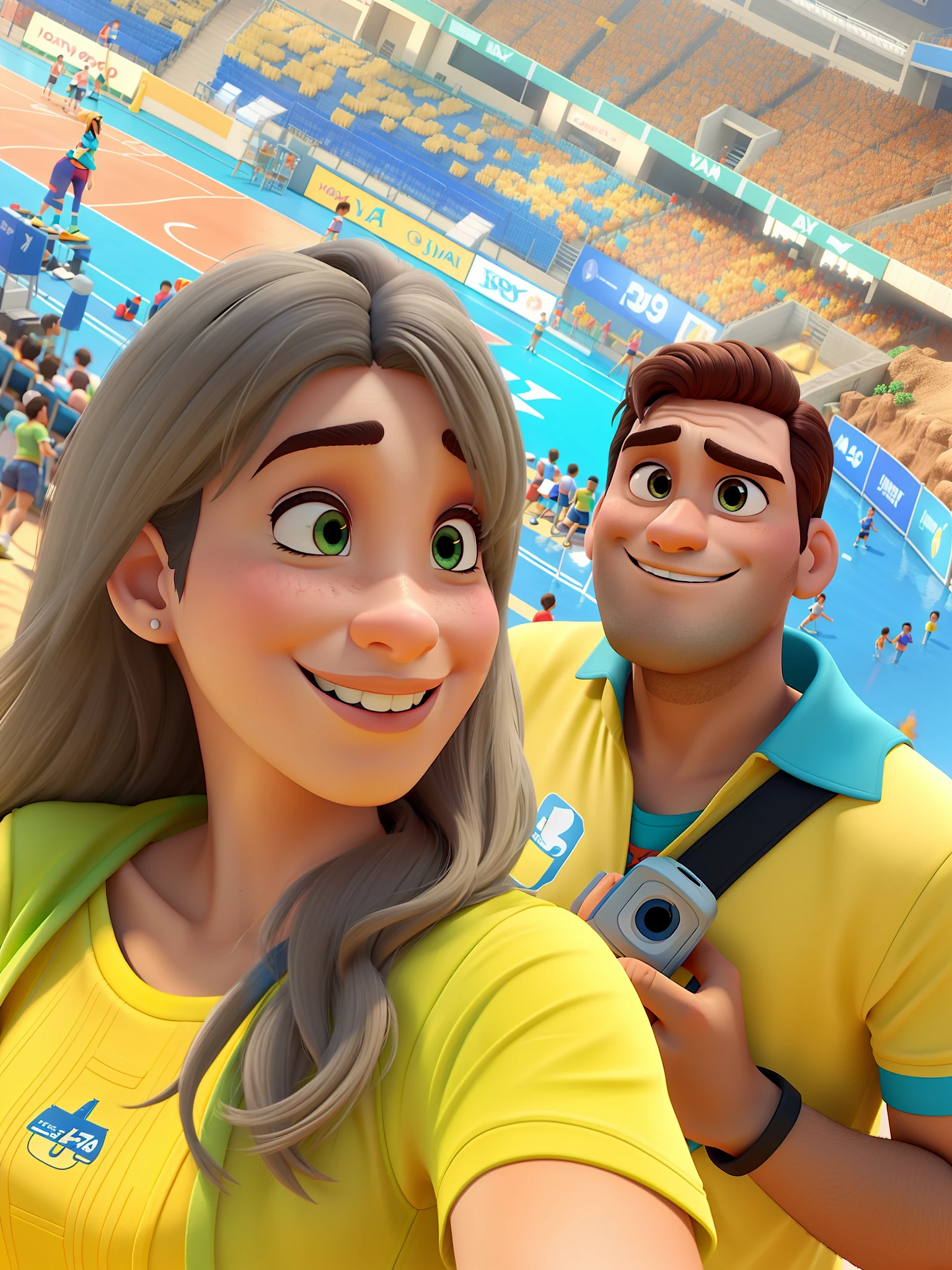 Um homem e uma mulher  loira estilo Disney pixar, num jogo de voley, alta qualidade, melhor qualidade.