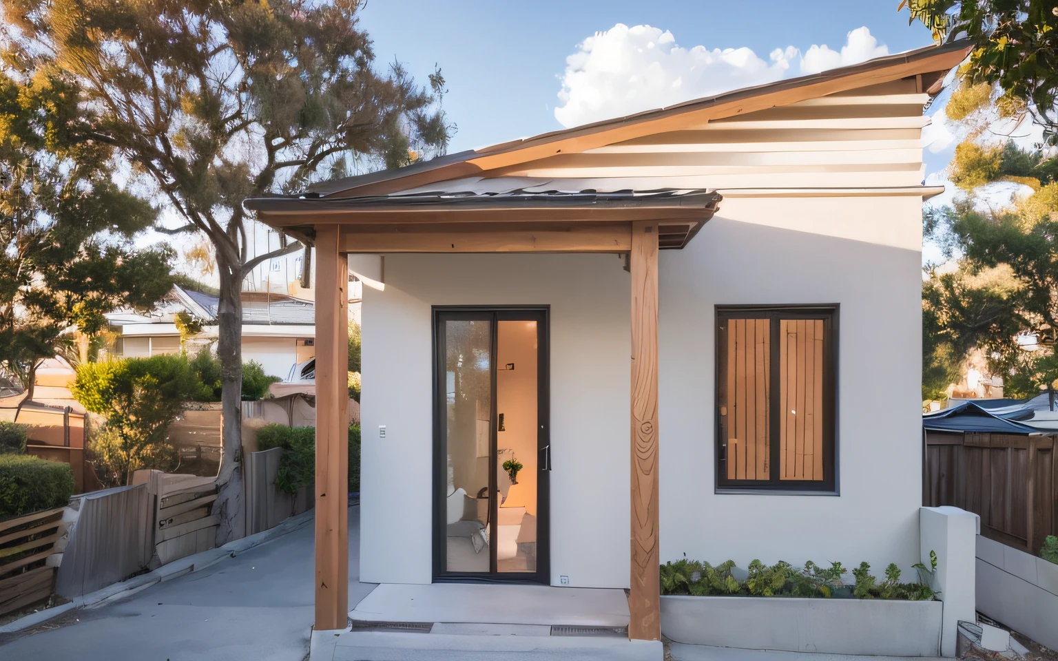 close up of a small house with an apricot tree in the background in front of the house, front view, pristine design, corrugated iron roof and clean, exterior design, elegant design, clean and simple design , 2023 wide angle exterior, clean and pristine design, beautiful design, professional rendering, front -view, sleek elegant design, front view, stunning design, cheap design , display quality, front viewing angle