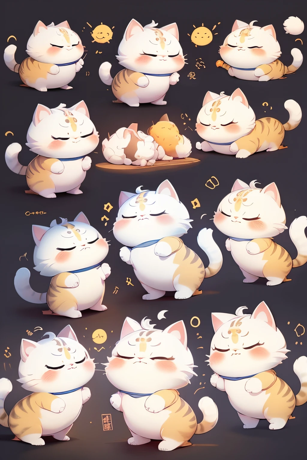 Chubby white cute kitten wearing Tang Dynasty Confucian scholar costume、Dispose、anthropomorphic styles、Disney style、Black strokes、differentemotions、rejoice、vred、Depressed、Lazy、Boredom and other expressions、White background and emoticons、8K