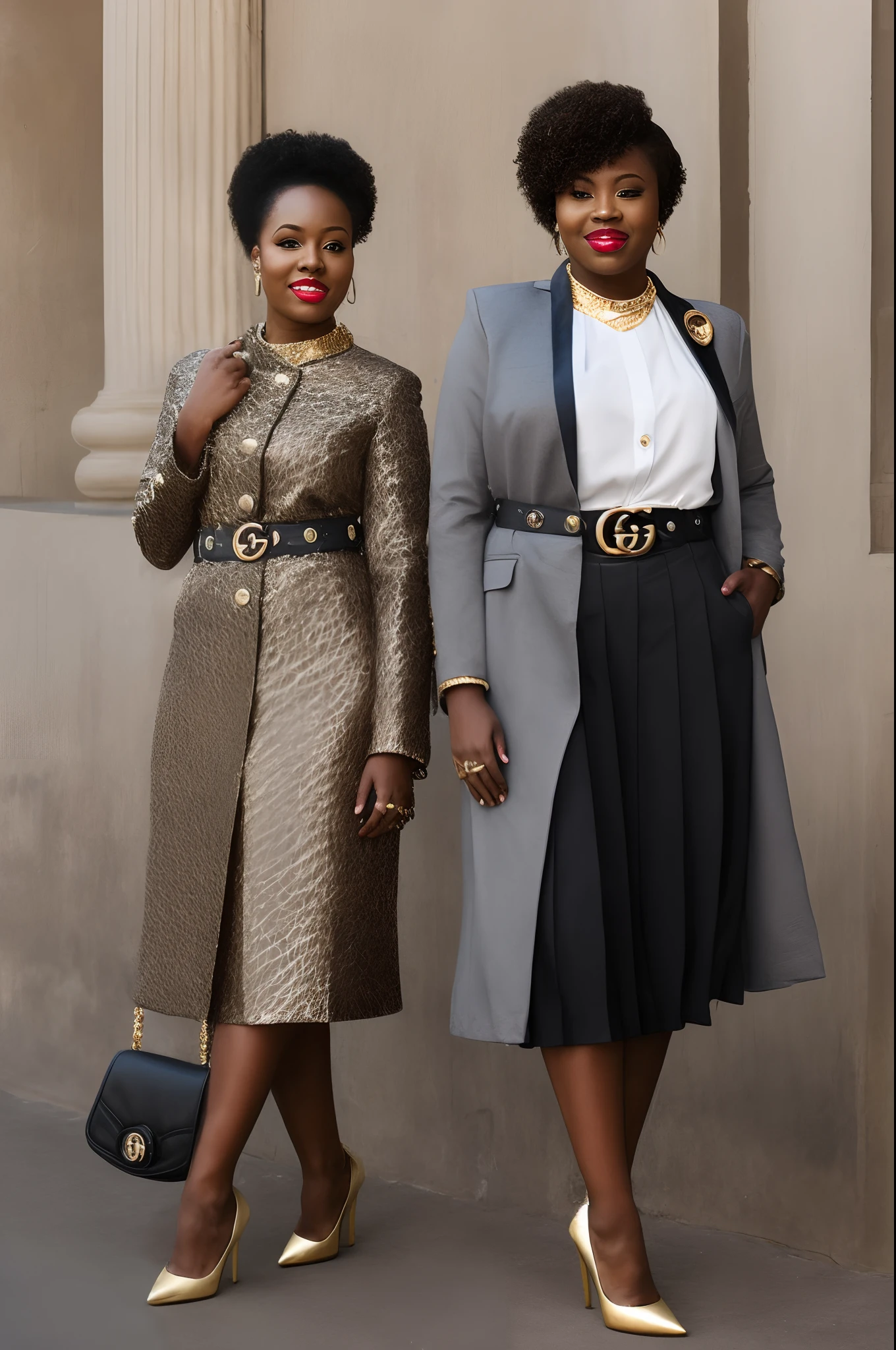 African American female, curvy with short pixie cut with side part, gold diamond earrings, flawless makeup, with a lovely smile, wearing white blouse, Gucci belt, gray pleated slacks with black stiletto boots, wearing an open overcoat with gold buttons, carrying black purse with gold chain strap and Gucci