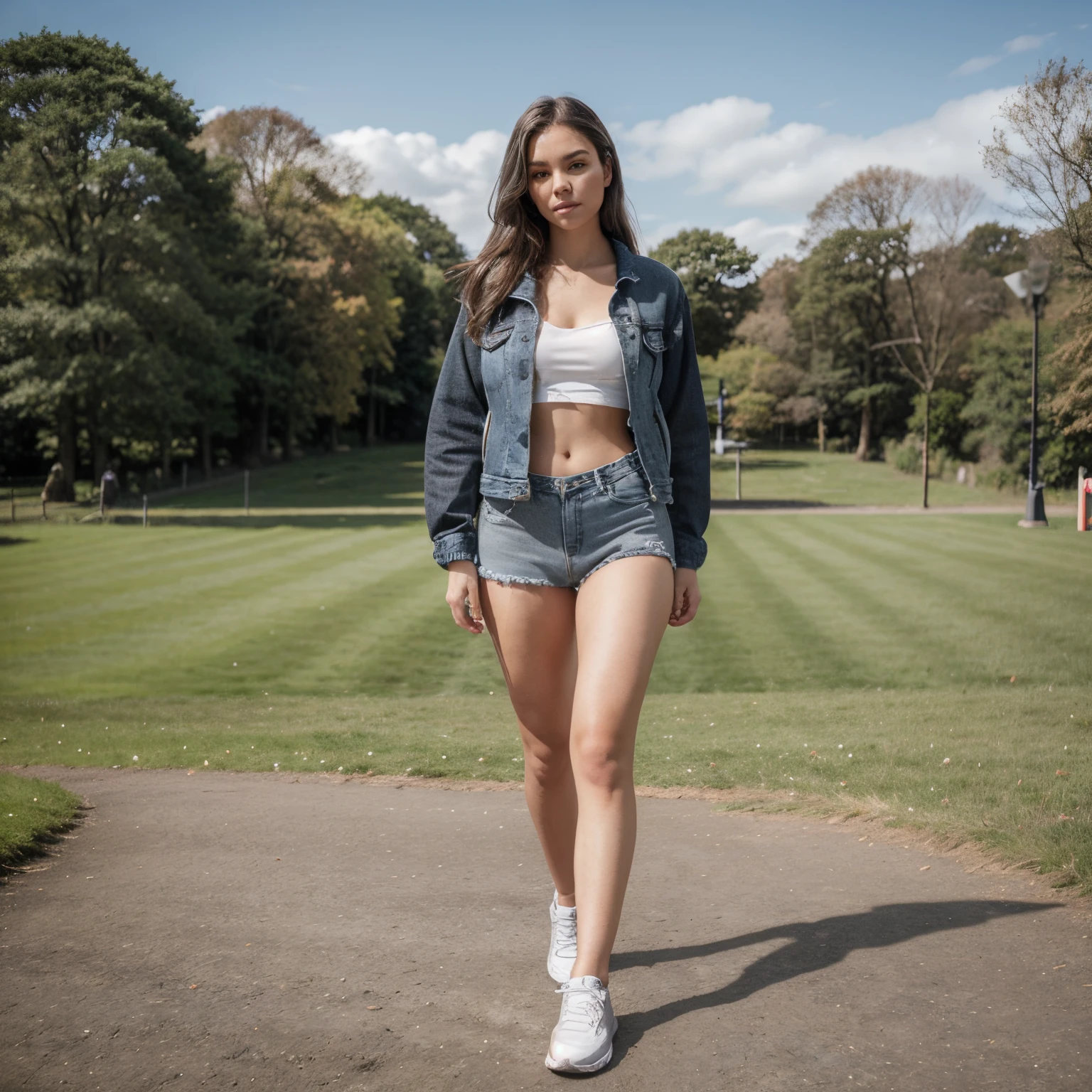 beautiful model, silver hair, brown eyes, long hair, hourglass waist, wide legs, medium breasts, big buttocks, denim jacket, grey top, Black short, white SPORT shoes, posing, holyrood park, athletic body, full body, alone