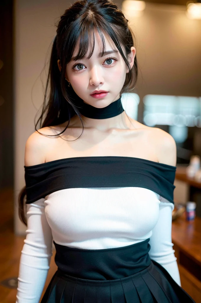 ((highest quality、8K、masterpiece:1.3))、standing、sharp focus:1.2、(realistic、Photoreal:1.37)、laughter、turn to the audience、put one's feet in front of the audience、beautiful face woman、28 years old、pointed chest、NSFW、long eyelashes、colored contact lenses、big 、Delicate、very fine eyes、highly detailed eyebrows、(sharp eyebrows)、(thin eyebrows).highly detailed face、(brunette tousled hair:1.3),Black Long Sleeve Knit Turtleneck、small necklace、((Fringed Pocket Tweed Mini Skirt))、((pantyhose:1.4))、beautiful thighs、from below、detailed background(8K、masterpiece、highest quality、Raw photo)、Knee-high boots、Touching the thigh、raise one knee、A quiet residential area,
