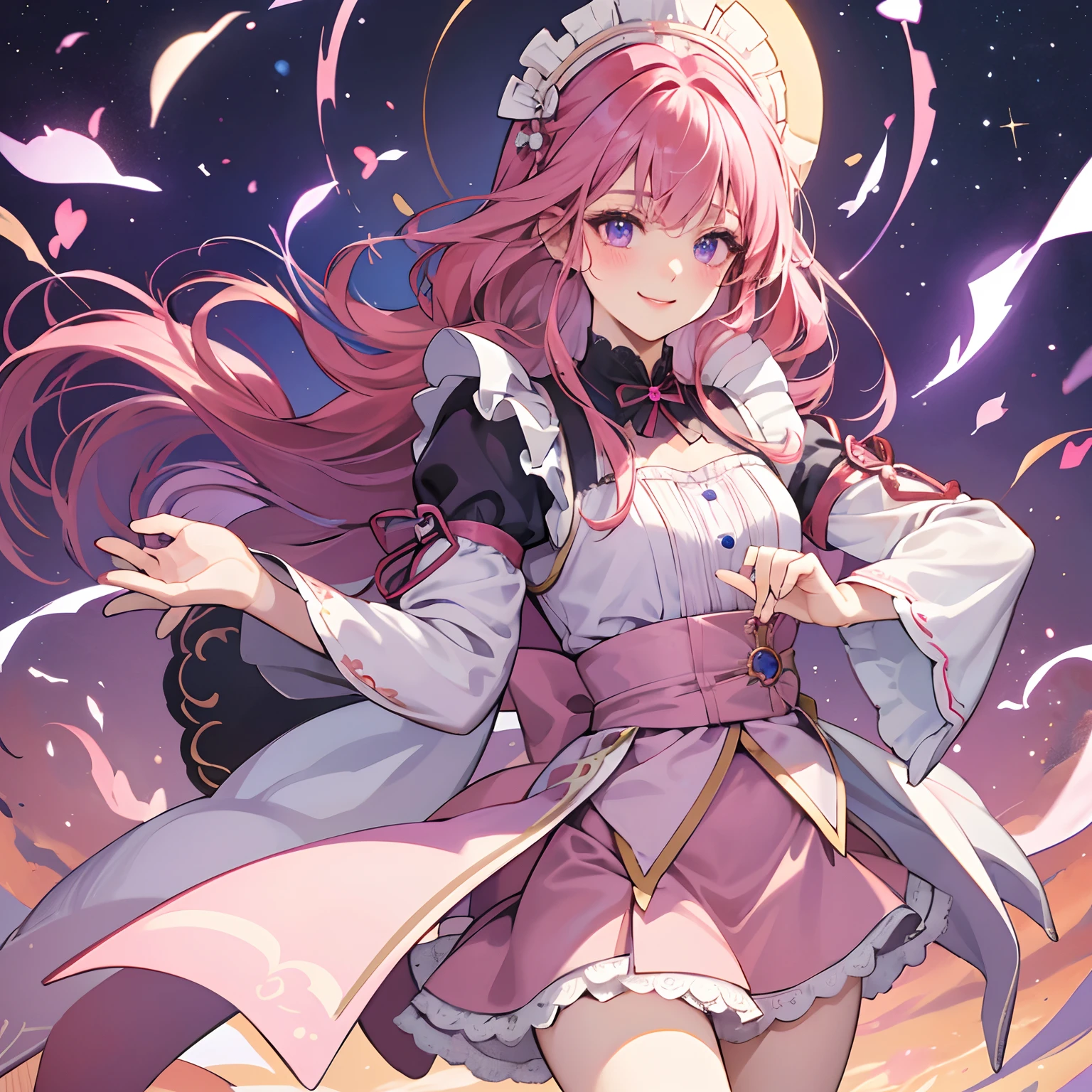 (masterpiece、top-quality)、 1 人、jewely、a smile、looking at viewert、独奏、A pink-haired、Purple eyes、red blush、length hair、maid clothes、hair between eye、long-sleeve、a miniskirt、a beauty girl
