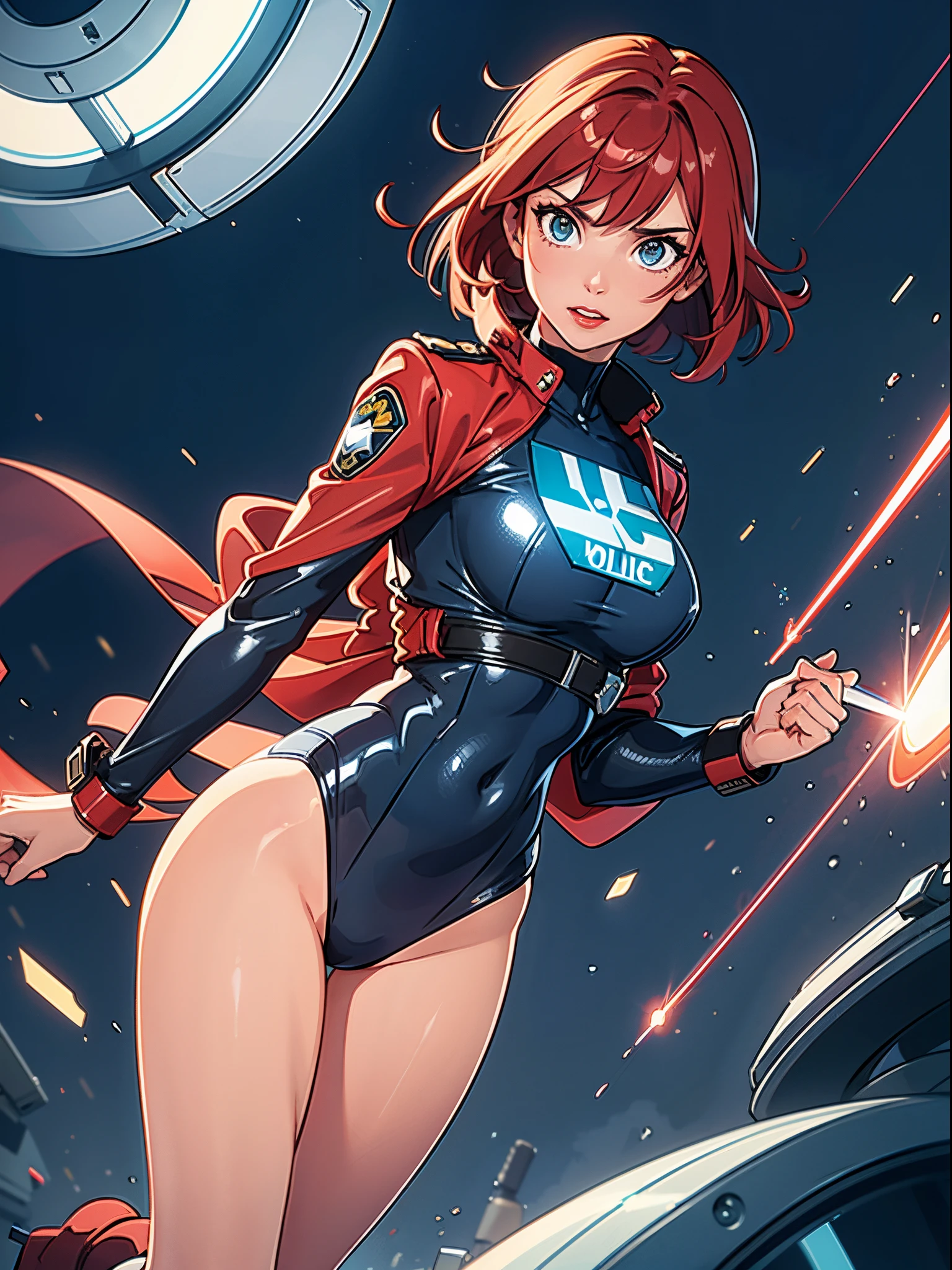 Solo, (Police Uniform, Policewoman), leotard, bare legs, superhero, boots, Lips Apart, Red Lips, Shiny Skin, Skin Dents, Best Quality, Ultra High Resolution, Red hair, Bob hair, short hair, standing, perfect anatomy, perfect hands, BREAK, using her powers, lasers coming from her eyes