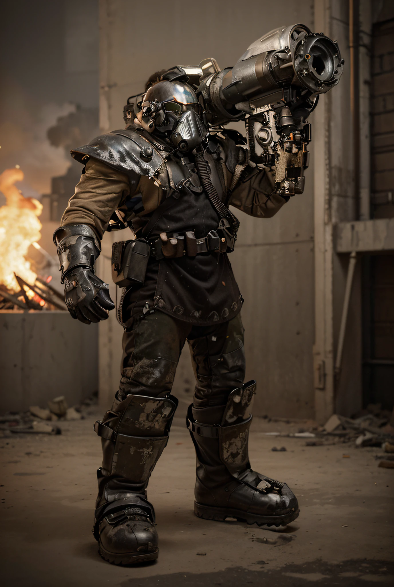 soldier, metal helmet with gas mask, metal armor, metal apron, metal shoulder pads, leather boots with lead coatings, brown uniform, pipes and cables, highly detailed hands, hands with black gloves, carries a radioactive futuristic heavy weapon, belt with ammunition, is outside a destroyed nuclear plant, smoke fire, realistic, 4k, Ultra detailed image, realistic, Highly detailed, perfect composition, gorgeous, Intricately detailed, incredibly detailed, Art photography 8K, hyper detailed, Masterpiece , Ultra detailed, hyper realistic, 4k, Ultra detailed image, realistic, Highly detailed, perfect composition, beautiful, intricately detailed, incredibly detailed, art photography 8k, hyper detailed, masterpiece