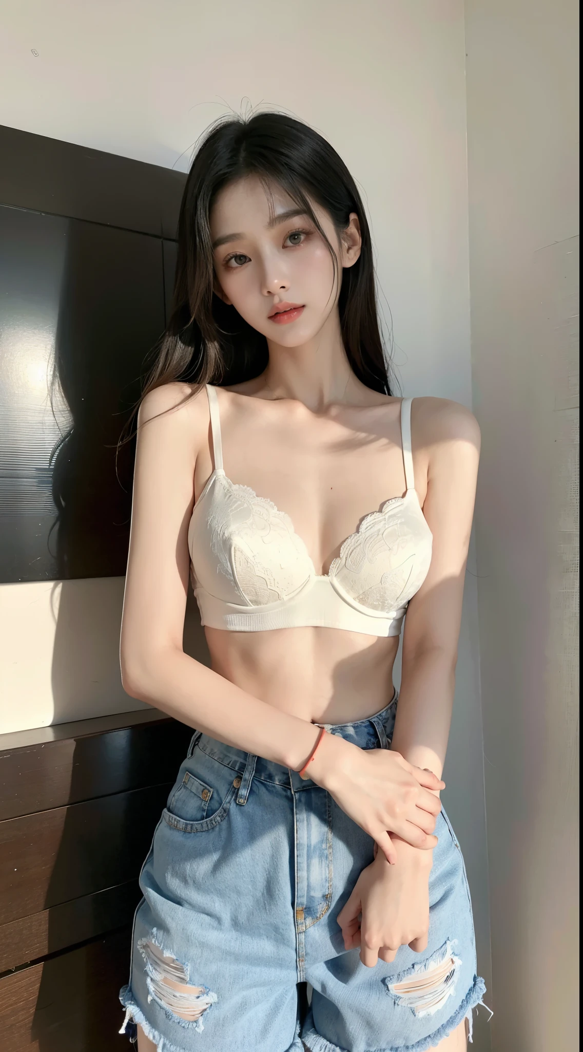 alafed asian woman，White bra top and denim shorts, Gorgeous young Korean woman, Bra and shorts streetwear, White bra, Wearing a bra, photo of slim girl model, beautiful Korean women, Korean girl, Beautiful young Korean woman, Beautiful Asian girl, Sexy girl, Korean woman, Beautiful asian woman, Asian girl, skinny waist and thick hips