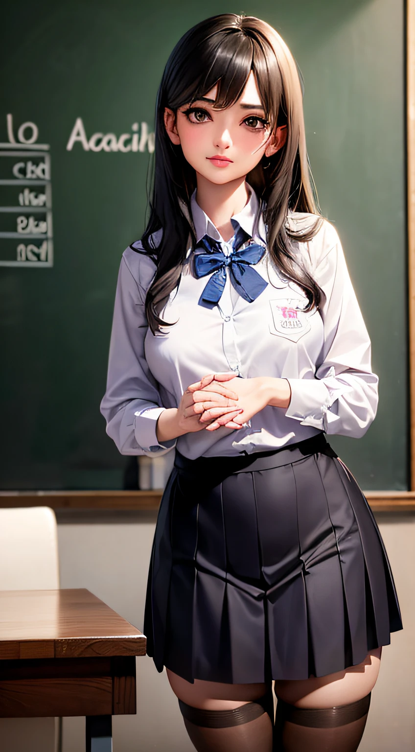 Arab asian woman in skirt and shirt posing in front of blackboard, School Girl, Cute Schoolgirl, a hyperrealistic schoolgirl, Seifuku, a hyperrealistic schoolgirl, full subject shown in photo, full subject in shot, wearing headmistress uniform, full subject, girl wearing school uniform, dressed as schoolgirl, Realistic Schoolgirl