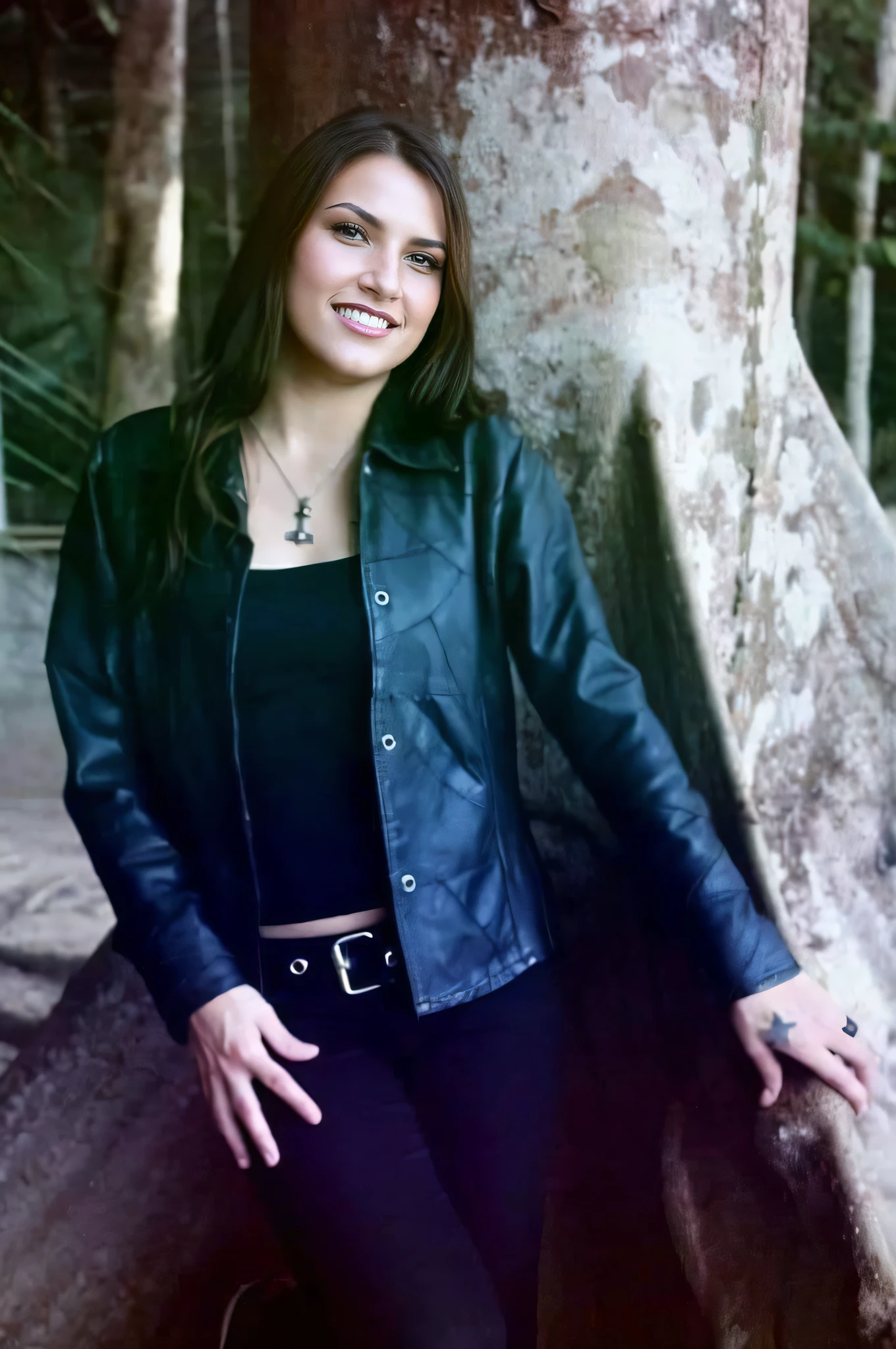 Arafa woman in a black jacket leaning against a tree trunk, em frente a um fundo de floresta, against the backdrop of trees, with a tree in the background, Kaitlyn Michelle Siragusa, Lorena Avarez, ela usa jaqueta de couro, vestido com jaqueta de couro curta, Alanis Guillen, fernanda suarez, imagem de perfil, vestido com jaqueta de couro