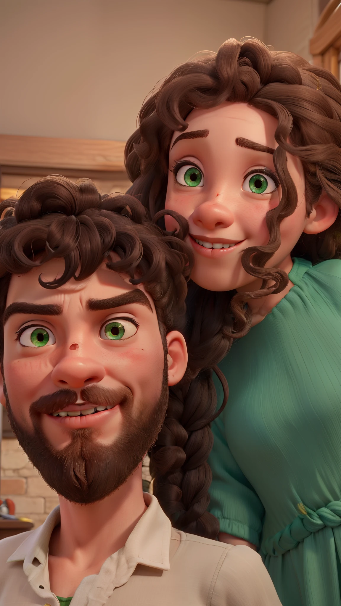 Menina de cabelo castanho escuro ondulado , with a hairstyle with braids and two hairs loose in the rorrosfo with a nose ring and a pleated green dress with a hand on the boy's face who has short hair with curls and a brown beard, com camisa branca.
