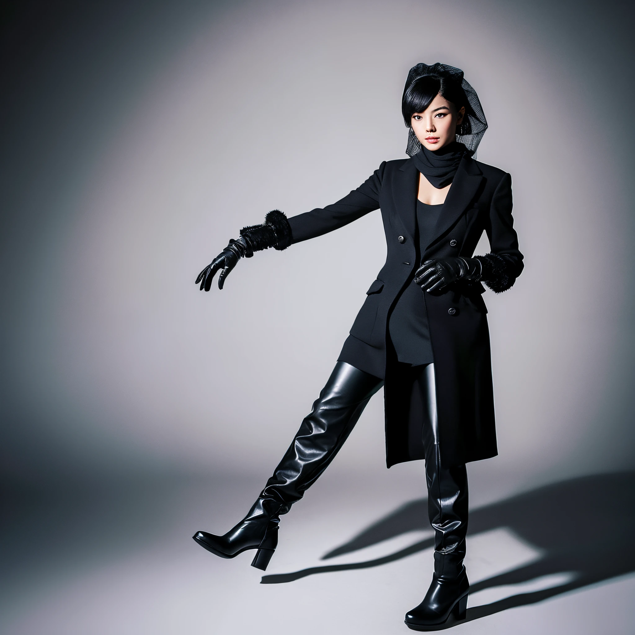 Silhouette of a woman in a suit through a veil、Leather gloves on both hands、Long boots on both feet