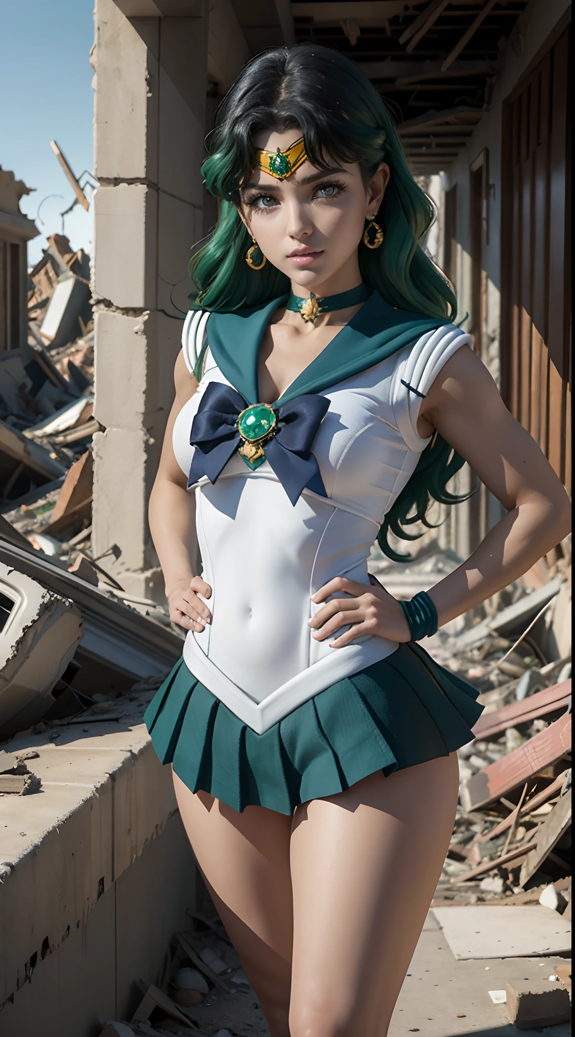1girl, marinero Neptuno, (Uniforme Sailor Senshi:1.4), cabello verde oscuro, cabello mediano, Falda suplicante, La mejor calidad, Pendientes, Obra maestra, High resolution, Detalles intrincados, (( realista )), photographic, (Guantes blancos de codo:1.1), jewely, pecho mediano, cuerpo completo, dynamic background, Dynamic posture, tacones altos,,More detailed 8K.motor irreal:1.4,UHD,La mejor calidad:1.4, fotorrealista:1.4, textura de la piel:1.4, obra maestra:1.8,obra-prima, mejor calidad,objeto Objeto], (detailed face features:1.3),(manos Detallado),(Apocalyptic destroyed city:1.7),(white Botas por encima de la rodilla: 1.4), gargantilla, (Guante Blanco:1.4), gargantilla verde, Arboledas de codos, jewely, pendientes, falda verde, only one, cuerpo completosbian, pelos verdes,