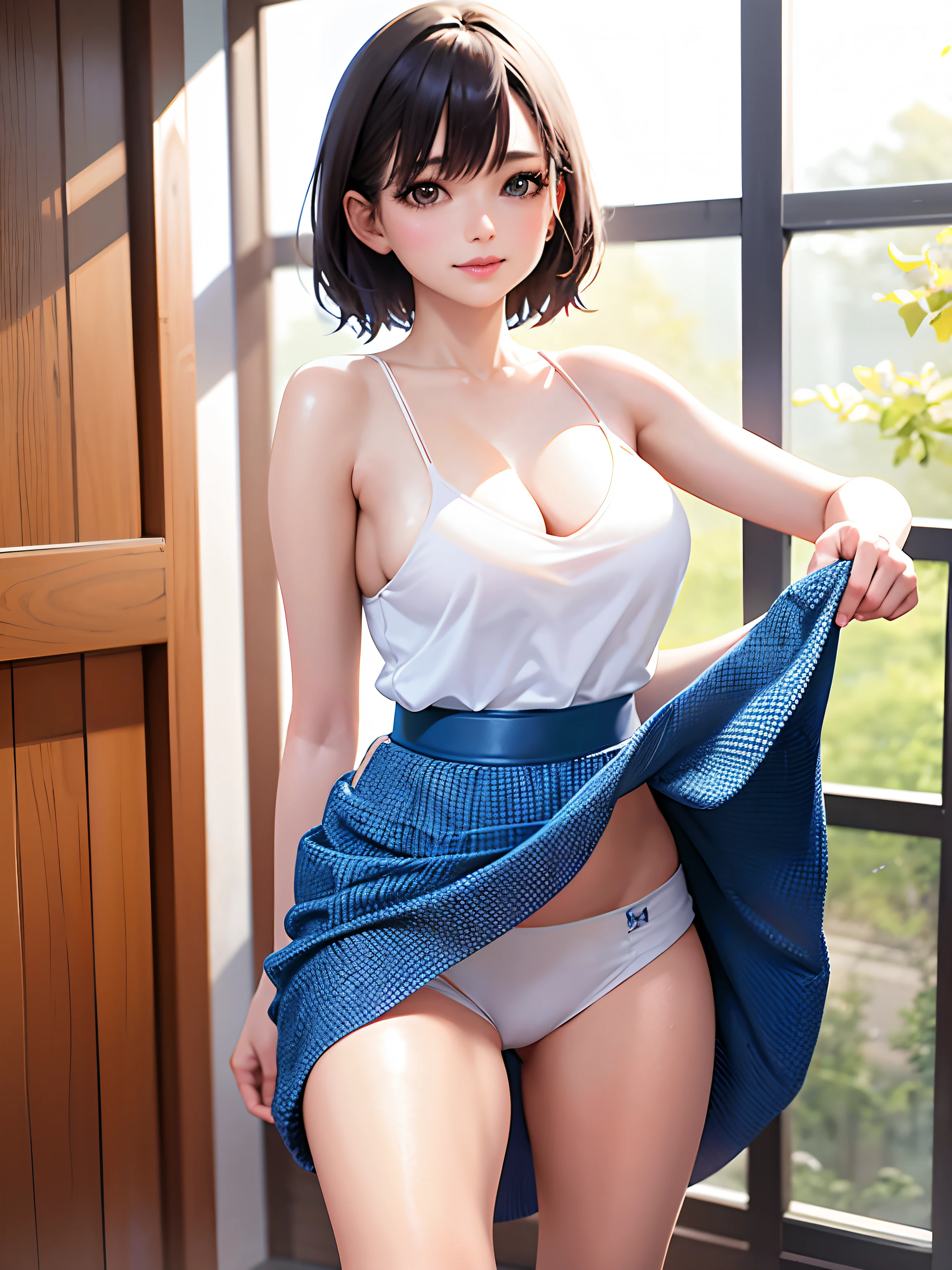 There is a woman in a white top and a blue skirt, Young Sensual Gravure Idol, Realistic Young Gravure Idol, Cute elegant pose, Young Pretty Gravure Idol, sophisticated gravure idol, goddess of Japan, Young skinny gravure idol, Beautiful Asian Girl, Realistic sensual gravure idol, Japanese Models, wearing white camisole, wearing white outfit
