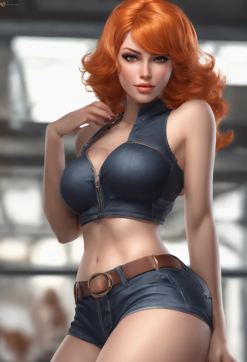 (masterpiece and beautifully detailed mashing up:1.1), (pose reference), official art, only 1girl, (ninja:1.1), official art, (huge booba), (huge nipple:1.1), (huge areola), blue eye, (standing), (cowboy_shot:1.2), (thick lips), (lip expansion), (makeup), (erect__covered:1.2), (head on),, (areola), (wide_hips), (huge ass), (long legs), (thighs), (feet), short denim:1.4, t shirt cropped:1.4, (covered_), (large breast), (collarbone), (navel), (shiny_skin), (gleaming), (full body), (solo), (single), (bokeh:1.034), looking at viewer, A skin that has a shine, wearing, (fishnets:1.2), (garter_belt), (body suit), (orange hair), (high absurdly short hair), (slim figure), blush, thick lips, (collarbone:1.1) ultra detailed, extremely beautiful CG, super detailed skin, realistic description, best quality, highest quality, intricate (high detail:1.1), masterpiece, (detailed skin), (shiny skin), eye-level, perfect anatomy, perfect hands, perfect fingers, intricate details, 1girl, reflective hair, textured hair, best quality, hyper detailed, intricate_detail, highres, high resolution illustration, textured hair, realistic, realistic photorealistic, realistic extremely detailed body, perfect fac, fine details, solo, single, looking at viewer,