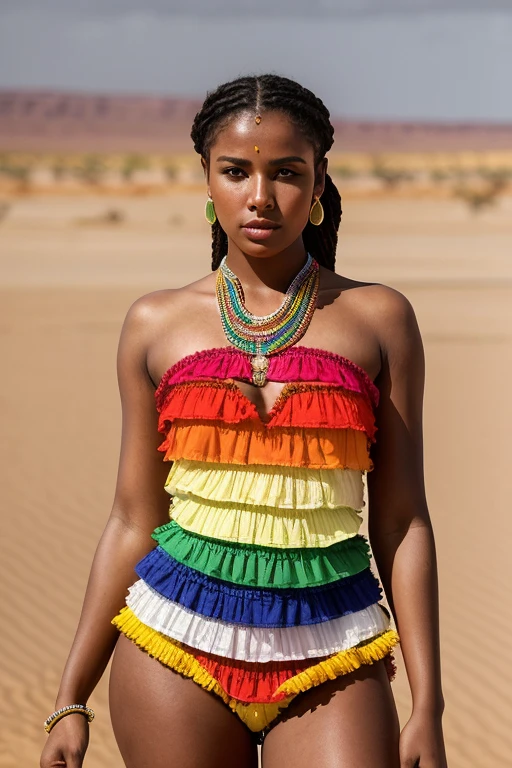 criar Mariana Davalos em Fotografia de corpo inteiro da obra mais bonita do mundo, uma linda mulher africana em trajes Complexoos queimando no deserto, rainbow colors, art-station, CGSetnation, Complexo, High detail, Clear focus, Dramatic, realistic pictorial art trends Greg Rutkovsky