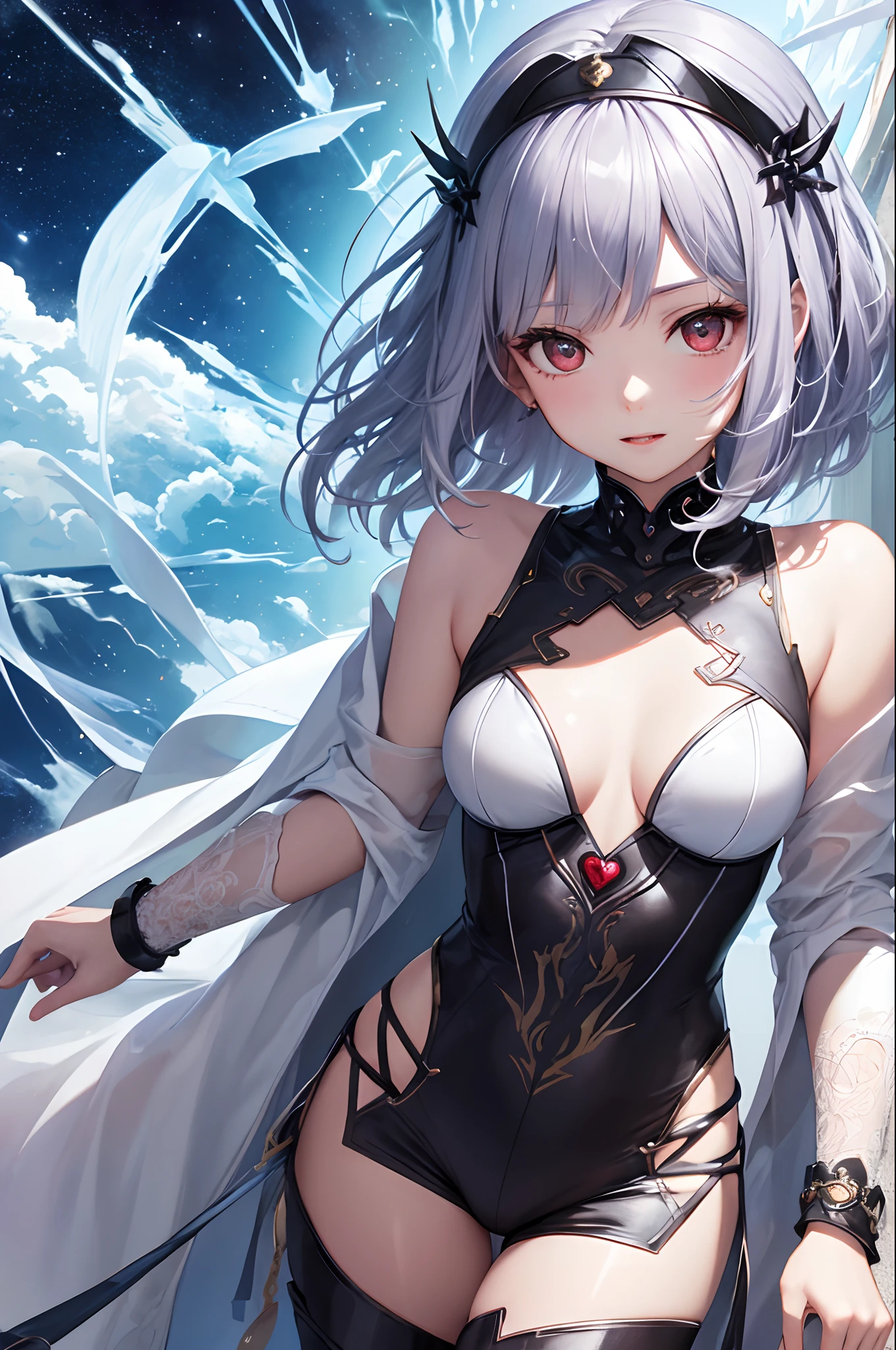 top-quality、Top image quality、masterpiece、超A high resolution、Android Beautiful Girl、sixteen years old, Glowing Blue Cyber Suit, White energy source in the chest、silvery shiny hair、short-haired,Red eyes、A slender、The face is depicted in detail、Eyes are drawn in detail、Clothes are depicted in detail、hiquality、Beautiful Art、Fantastic Universe、Elaborate design、soio、shrine maiden、animesque、illustratio