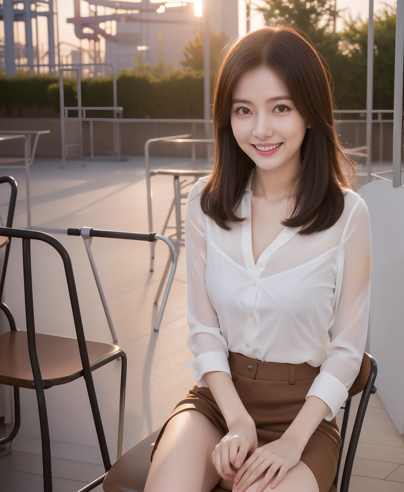 ((of the highest quality, 8K, masutepiece: 1.3)), Beautiful Girl, pure, gentle and cute, Sweet smile, Slender body, (Facing the camera), (tilts head), colorful casual suits , Medium Hair, Light brown hair、Long flowing shoulders, Big round black eyes, Big clear eyes, Moist red lips, Dolce, (((Full body shot))), Sitting on a chair on the terrace, Amusement Park Background, Sunset ,