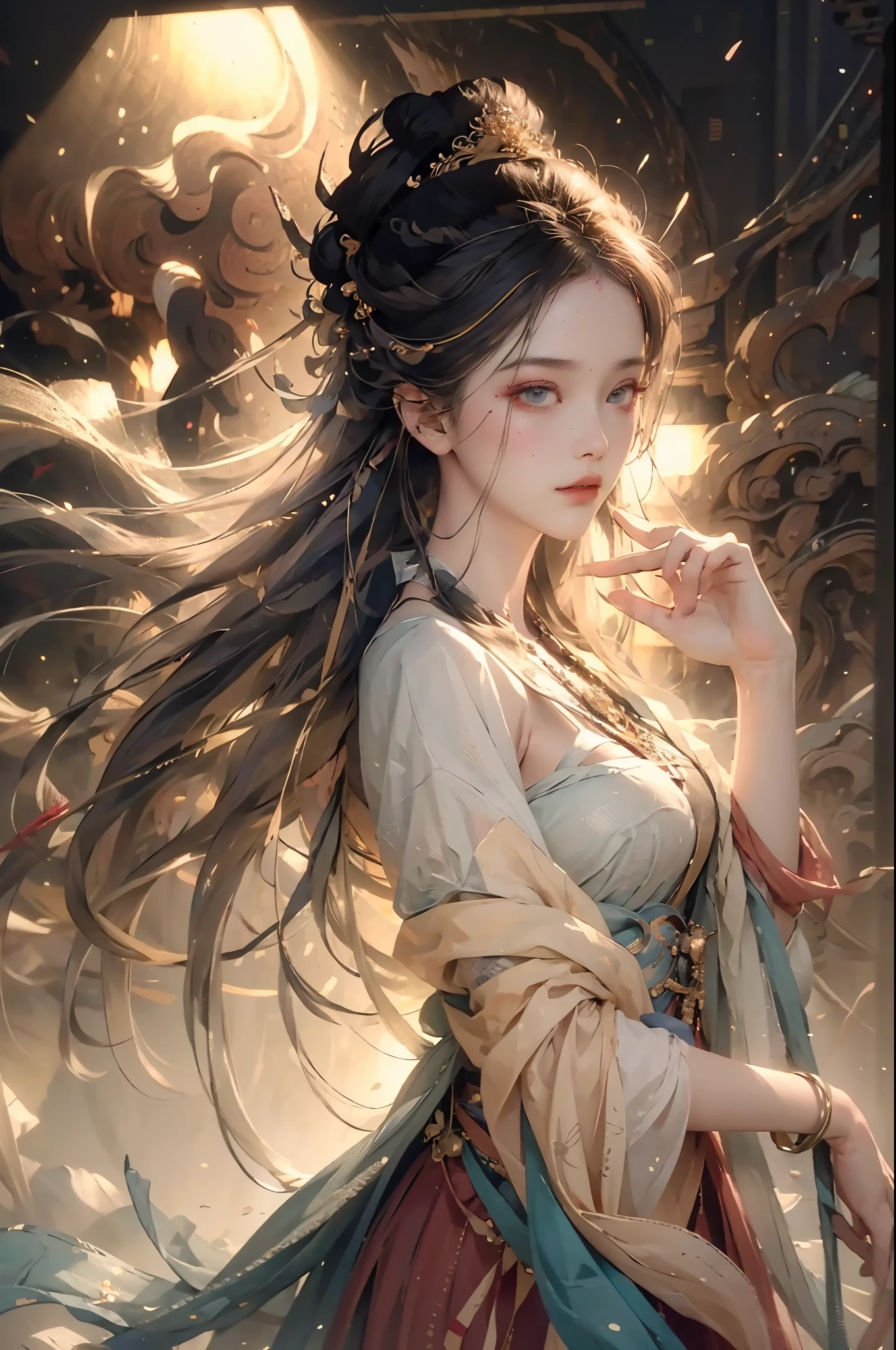 (RAW photo, best quality), (realistic, photo-realistic:1.3),best quality,highly detailed,masterpiece,ultra-detailed,illustration,1girl,upper_body,dynamic angle,world masterpiece theater,messy_long_hair,best quality,extremely detailed CG unity 8k wallpaper,ink,Amazing,cinematic lighting,lens_flare,,dunhuang_style