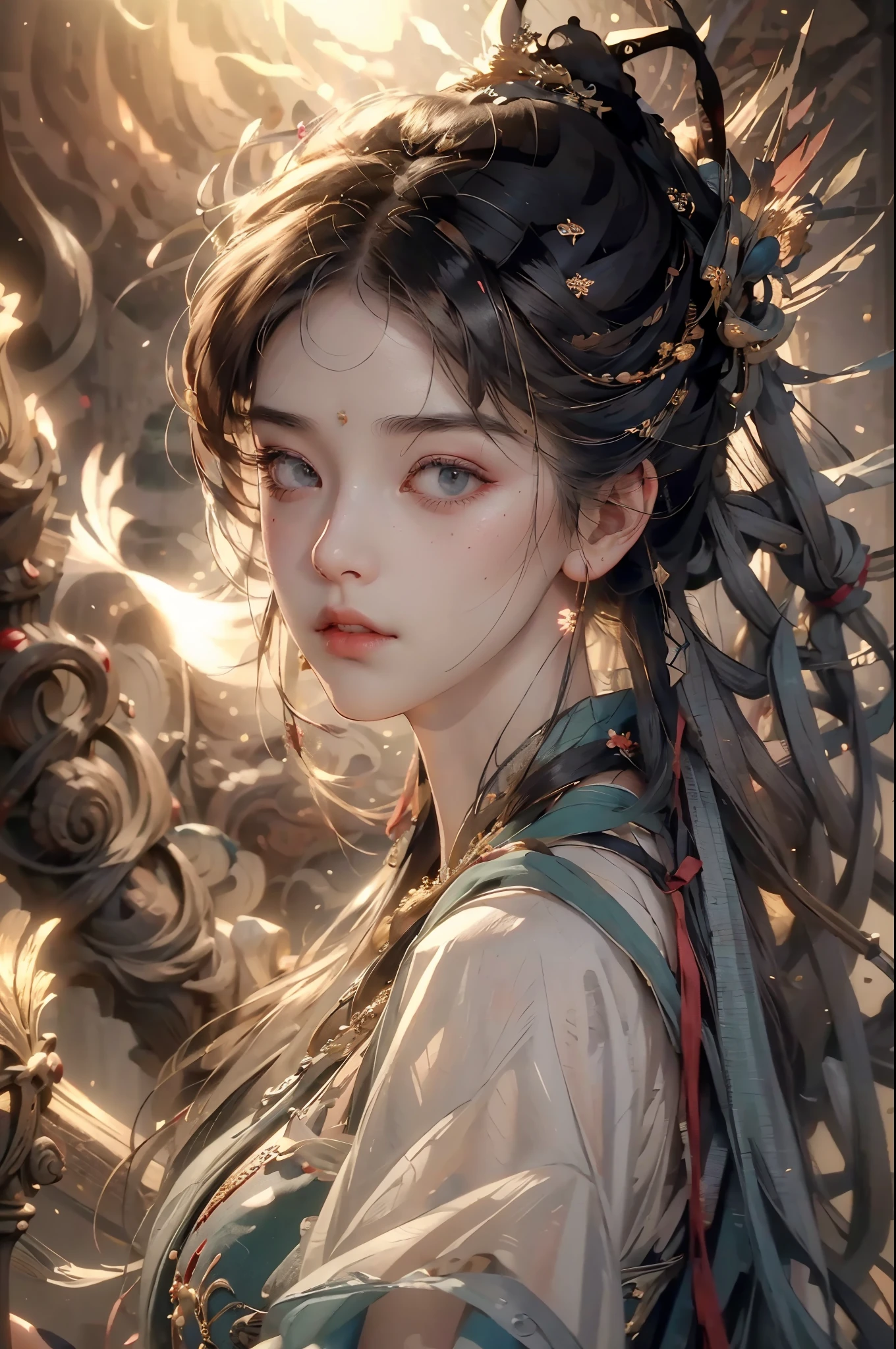 A woman with a long hair and a headdress in a dress - SeaArt AI