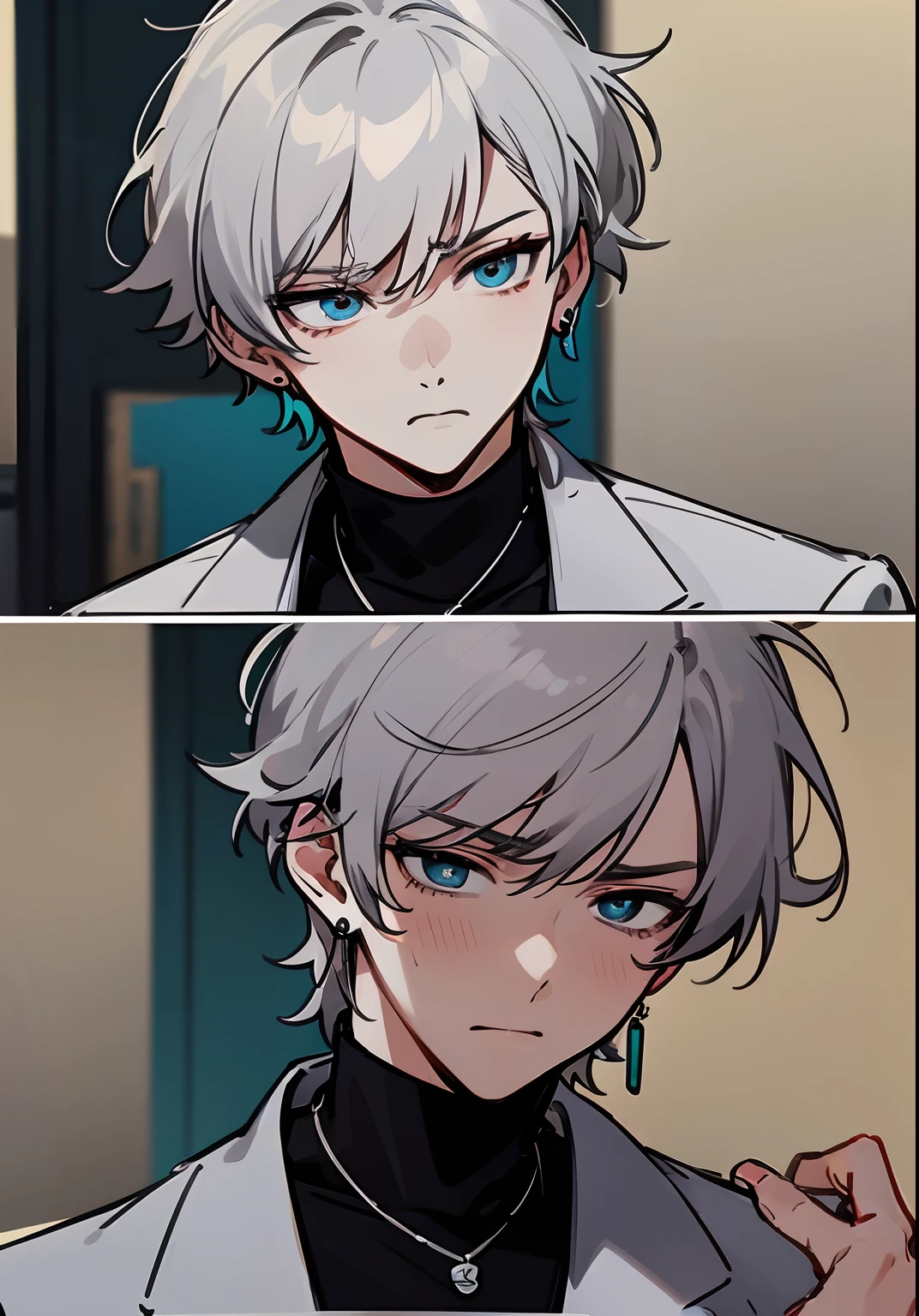 Male character, solo, upset, interactive with viewers, talking, kpop style, two block haircut, two side hair, light grey hair, silver hair, short but messy hair, light blue eyes, cyan eyes, man earrings, black turtleneck sweater, men necklace, popular, nervous but embarrassed, he wants you to give your hand to him, hand to hold, kpop outfit, soft, cool, ikemen, handsome, aesthetic, anime artstyle, masterpiece, best quality, detailed, 1boy, professional artwork, digital art, embarassed pose, no blush, he is hiding his embarrassment, irresistible, gorgeous, looking you, pure art, situational scene, scenario, it’s a date, lovely, shopping center background, 4k, hd