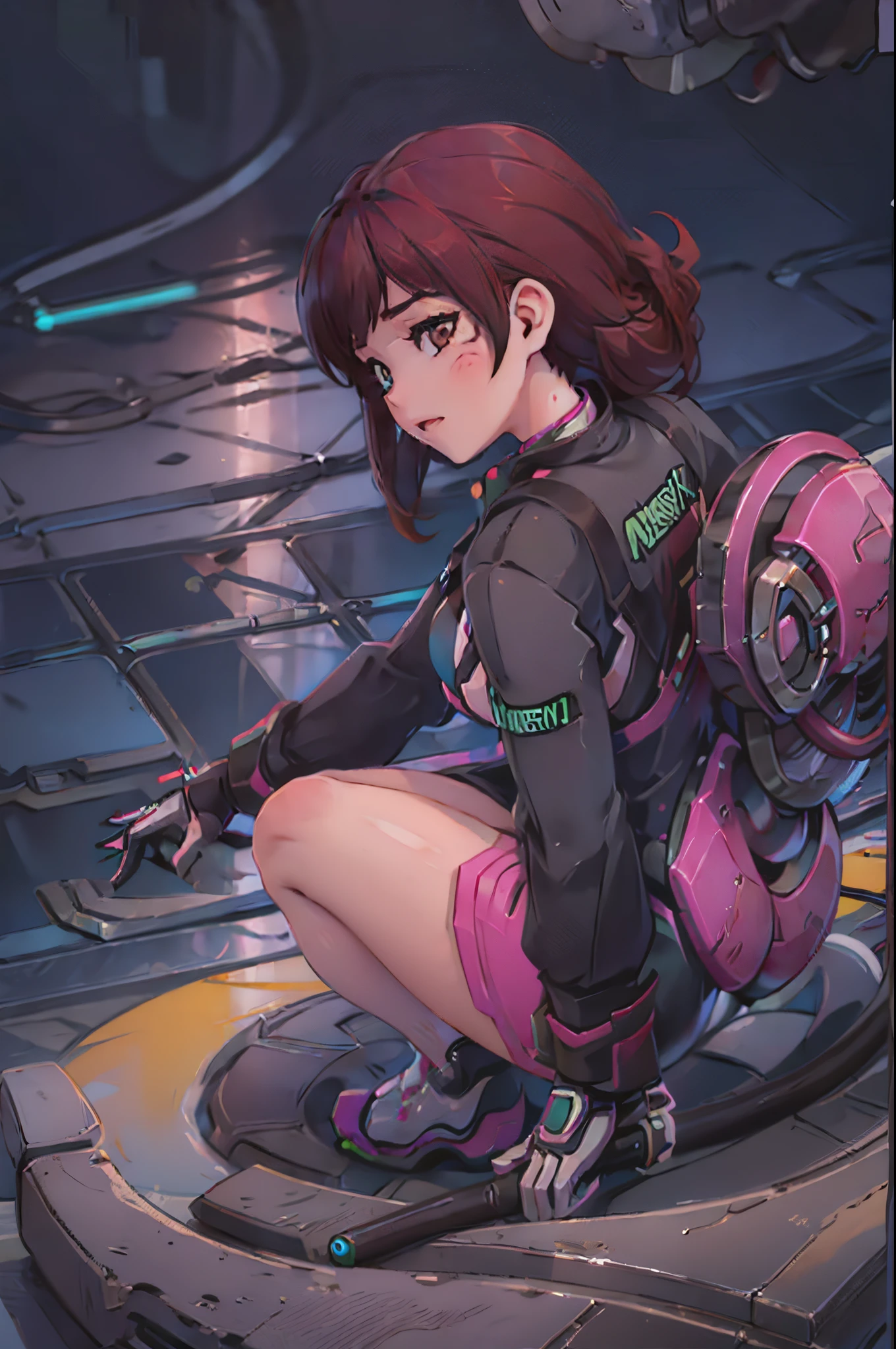 1girll, (D.va (Overwatch):0.8), Solo, Long hair, whisker markings, tightsuit, Brown hair, face markings, mitts, Breasts, Brown eyes, pilotsuit, Cowboy shot, Earphone, White gloves, Medium breasts, sweeping bangs, skin tight, Animal print, bangs, Bunny print, Ribbed one-piece tights, facepaint, Pink lips, leaning back against the wall, holding gun, Serious look, questionable,  caring, investigative, Dark Alley, Night, Night sky, Red light, (Silhouette, hard light:1.2)