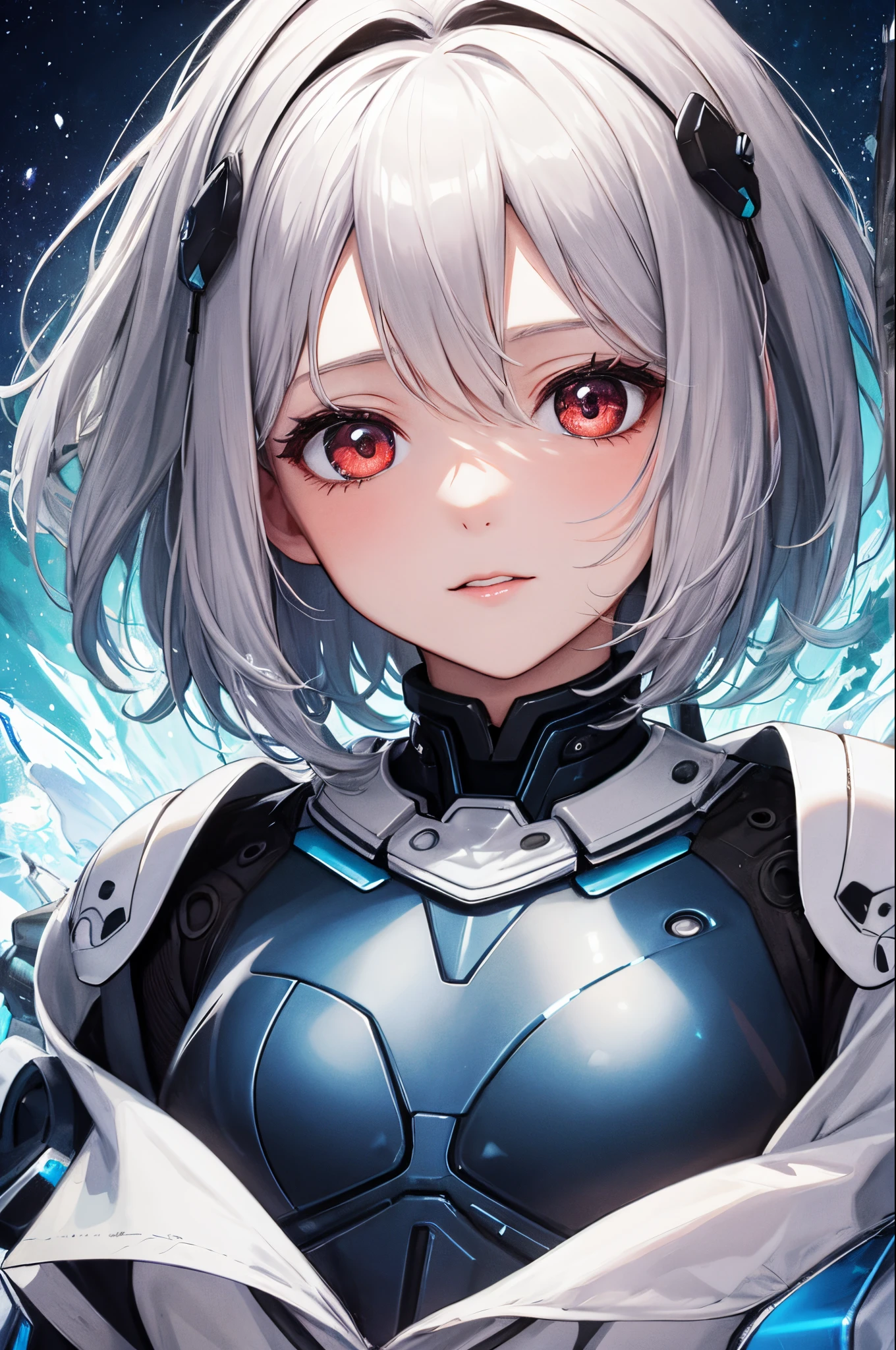 top-quality、Top image quality、​masterpiece、超A high resolution、Android Beautiful Girl、, Glowing Blue Cyber Suit, White energy source in the chest、silvery shiny hair、short-haired,Red eyes、A slender、The face is depicted in detail、Eyes are drawn in detail、Clothes are depicted in detail、hiquality、Beautiful Art、Fantastic Universe、Elaborate design、soio、shrine maiden、animesque、illustratio