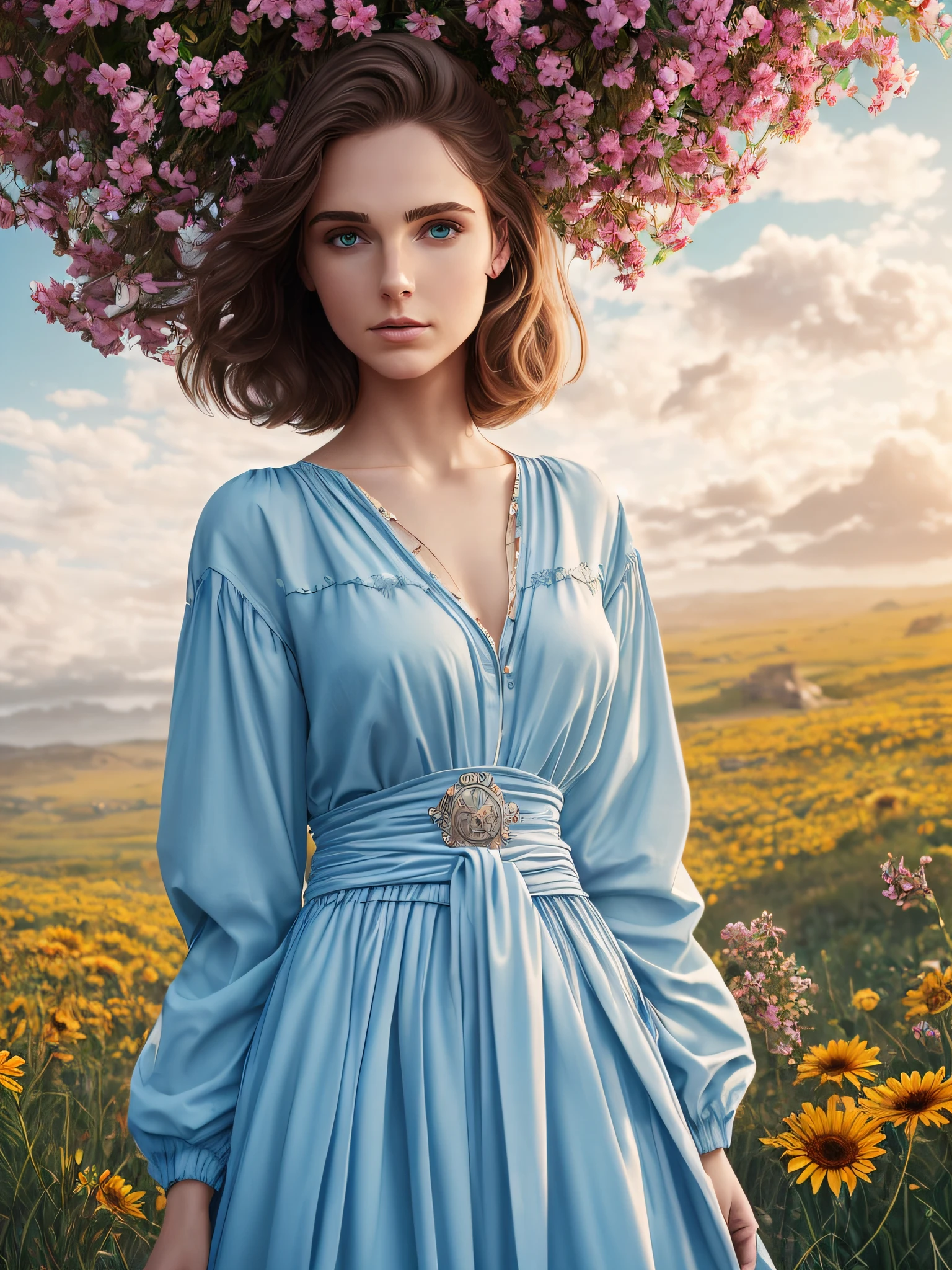 ((Waist Up Shot)) Professional Photo of 20 yo European Look gorgeous female [Gal Gadot : Maude Adams : 0.4] donning casual modest gown with long sleeves walks at the breath-taking surreal meadows scene with full of beautiful and vibrant exotic flowers, blue sky with cotton like white clouds, detailed face, detailed hair, sharp focus, OverallDetail Portrait photo, by WLOP and Thomas Ruppel, masterpiece, stunning, fantasy, hyper detailed, 8k character