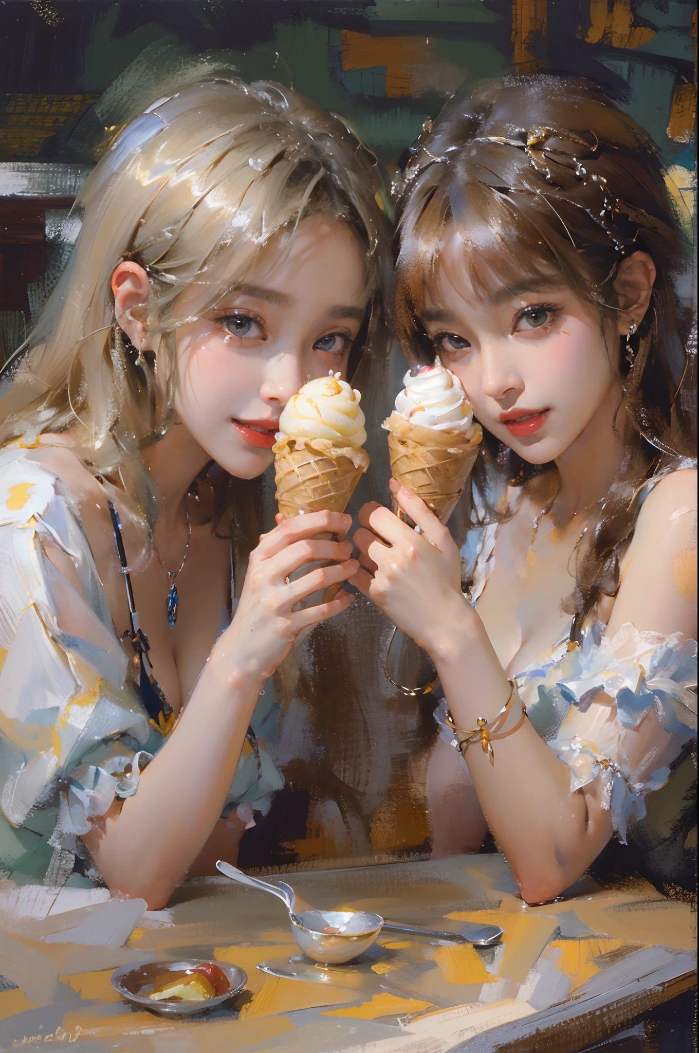 (2  girls),((Yuri))),((Eye contact))),(Look at each other),eating ice cream,out your tongue,sitted,(Best quality), ((tmasterpiece)), (A high resolution), pay,Perfect mature female figure, slim toned body,Original, mediuml breasts,High detail 8K wallpaper, perspired,Wet hair,(very delicate beautiful),Contour deepening, realistically, Precise geometry, Complicated details, eat an ice cream,Smiling, Close-up cleavage,(Fechin Oil Painting - Fechin Oil Painting , oil painted), 00
