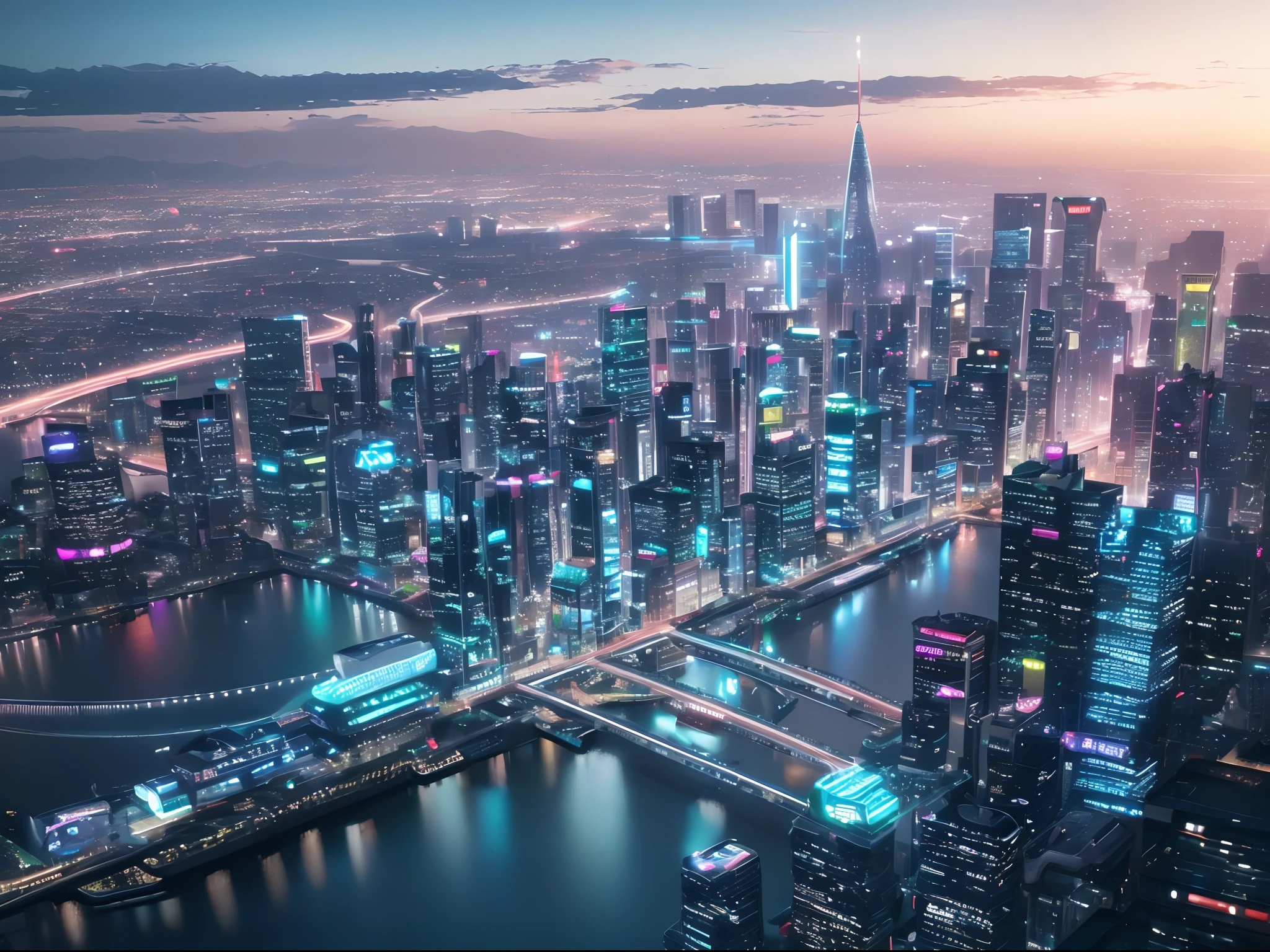 Arafed view of a city at night with a bridge and a river - SeaArt AI