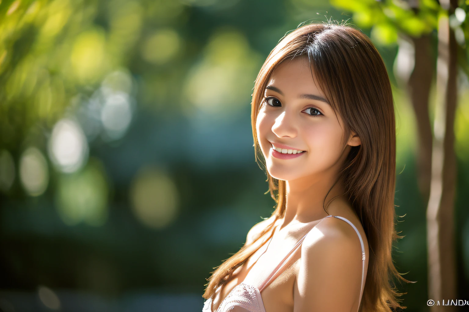 ((1 Spanish teenage girl)), Ethereal beautiful, slim, Petite, Soft light, ((David Hamilton Style)), closeup picture, masutepiece, Best Quality, Photorealsitic, 8K, High resolution, Detailed skin, 8K UHD, Digital SLR, Soft lighting, High quality, Film grain, FUJI XT3, Full body, Naked, In the park, standing,　Photo from the waist up、( cute bra), smile, ((The background is Sagrada Familia))、