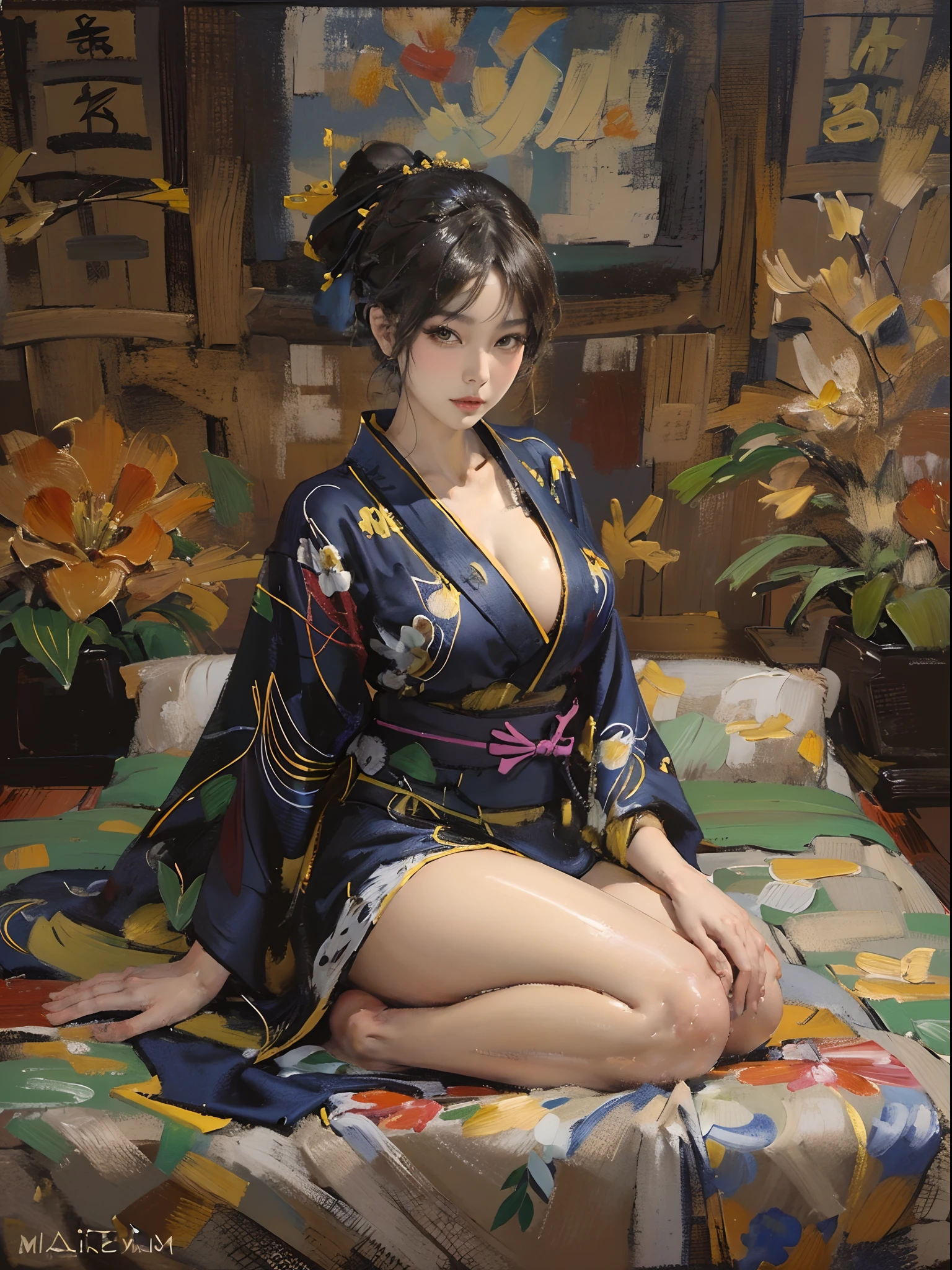 There is a woman squatting on the tatami,(((A MILF: 1.4))), (Beautiful curves:1.35),(((Dark skin))),Curvy posture,, ((The large )),((Lose weight completely )), (((Pinching the crotch while wearing a yukata))),((take off your bathrobe)),((pubes)), Sam rice cereal, Japanese beautiful wife and son,model in Japan,Close-up chest,Lie on your back on the bed,Charming and sexy legs,((Sexual suggestiveness)),,(Fechin Oil Painting - Fechin Oil Painting , oil painted), 00
