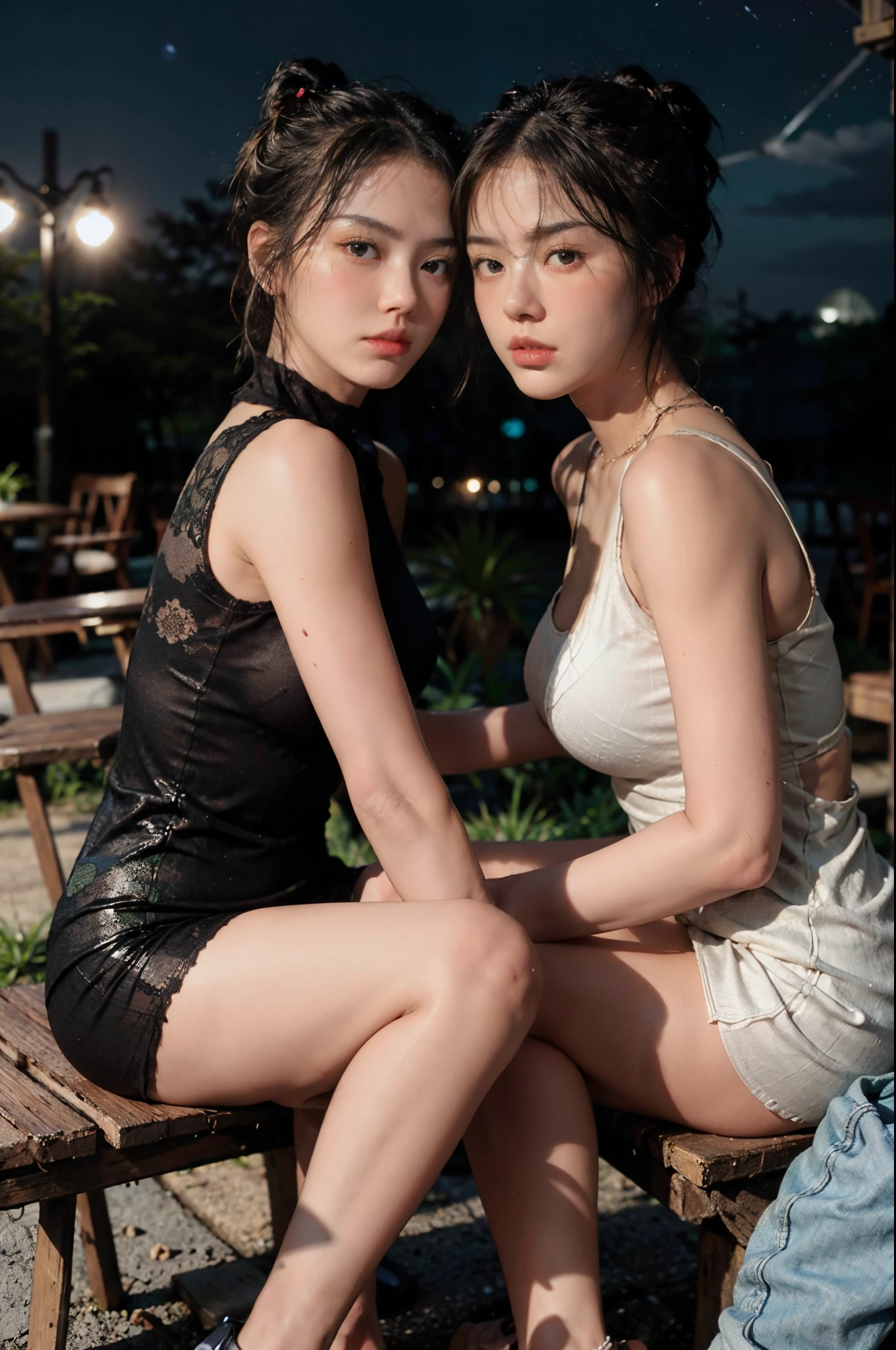 (space_buns_hairstyle:1.3), two women pose for photos, ((sisterhood)),bare legs, full body shots, wearing shoulder-length dresses, pillows
Expert, 8k, high resolution, masterpiece, best quality, head:: 1 girl, ((Hasselblad photography)), delicate skin, clear focus, (cinematic lighting), at night, soft lighting, dynamic angle, [:( details:: 1 girl): 0.2 girl], ((sitting on an outdoor chair))),