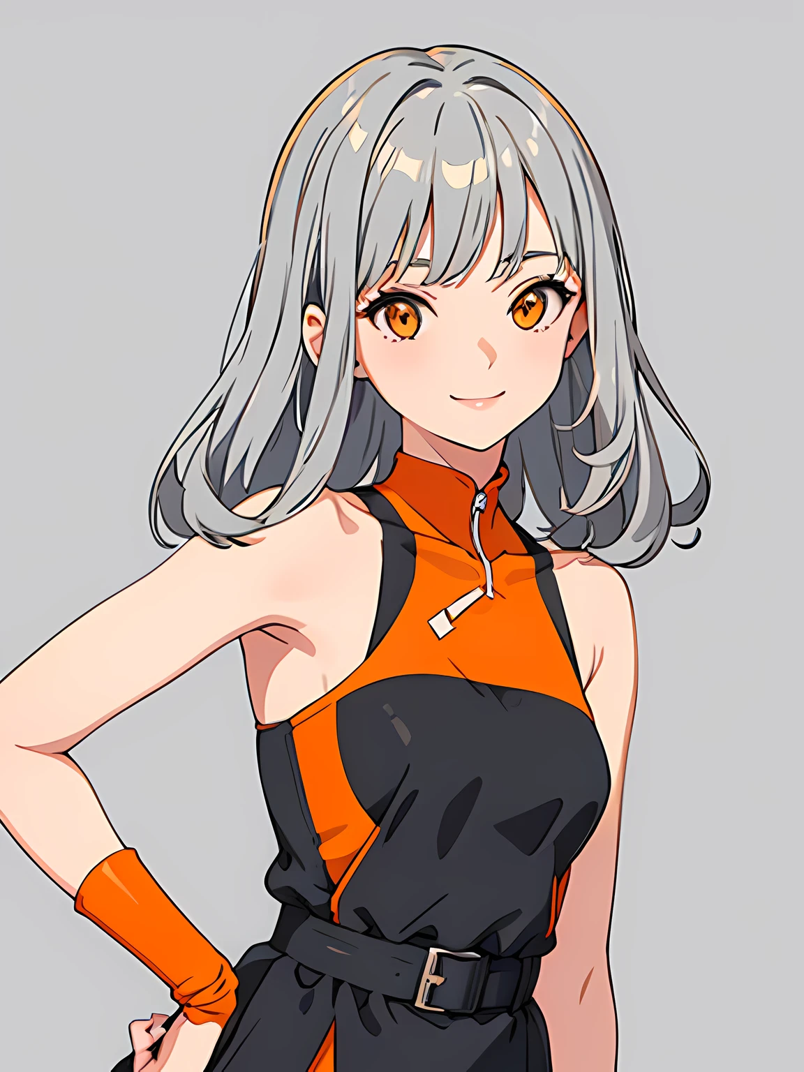 masterpiece, best quality, 1 girl, gray hair, orange eyes, (orange and gray dress), smile, upper body, simple background, orange and gray background