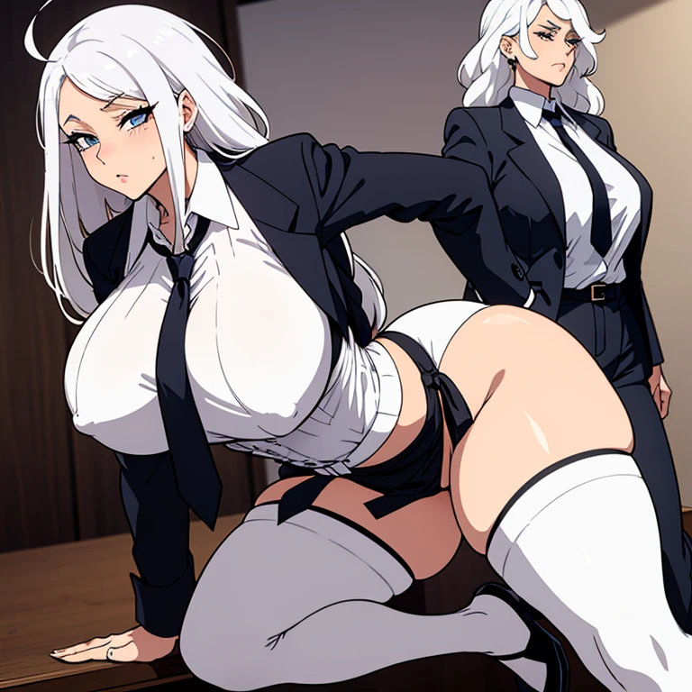 huge breasts, huge ass, big thighs, small waist, white hair, luscious messy hair, tied up hair, tall(adult), business outfit, open blouse, loose tie, perky nipples, white thigh highs, heels, seductive face