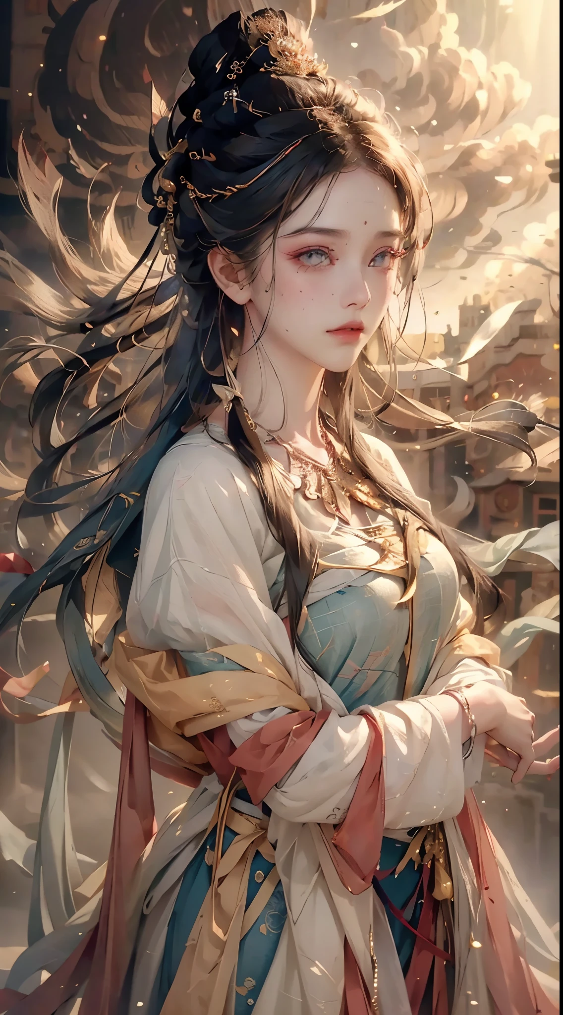 (RAW photo, best quality), (realistic, photo-realistic:1.3),best quality,highly detailed,masterpiece,ultra-detailed,illustration,1girl,upper_body,dynamic angle,world masterpiece theater,messy_long_hair,best quality,extremely detailed CG unity 8k wallpaper,ink,Amazing,cinematic lighting,lens_flare,,dunhuang_style