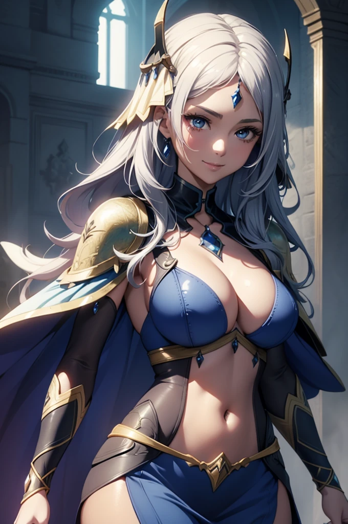 a close up of a woman in a blue dress with a feathered headpiece, detailed fantasy art, epic exquisite character art, 2. 5 d cgi anime fantasy artwork, stunning character art, 4k fantasy art, pale blue armor, highly detailed fantasy art, detailed fantasy digital art, clothed in ethereal armor, fantasy art style, beautiful armor, beautiful fantasy art, large breasts, muscular athletic body, large smile