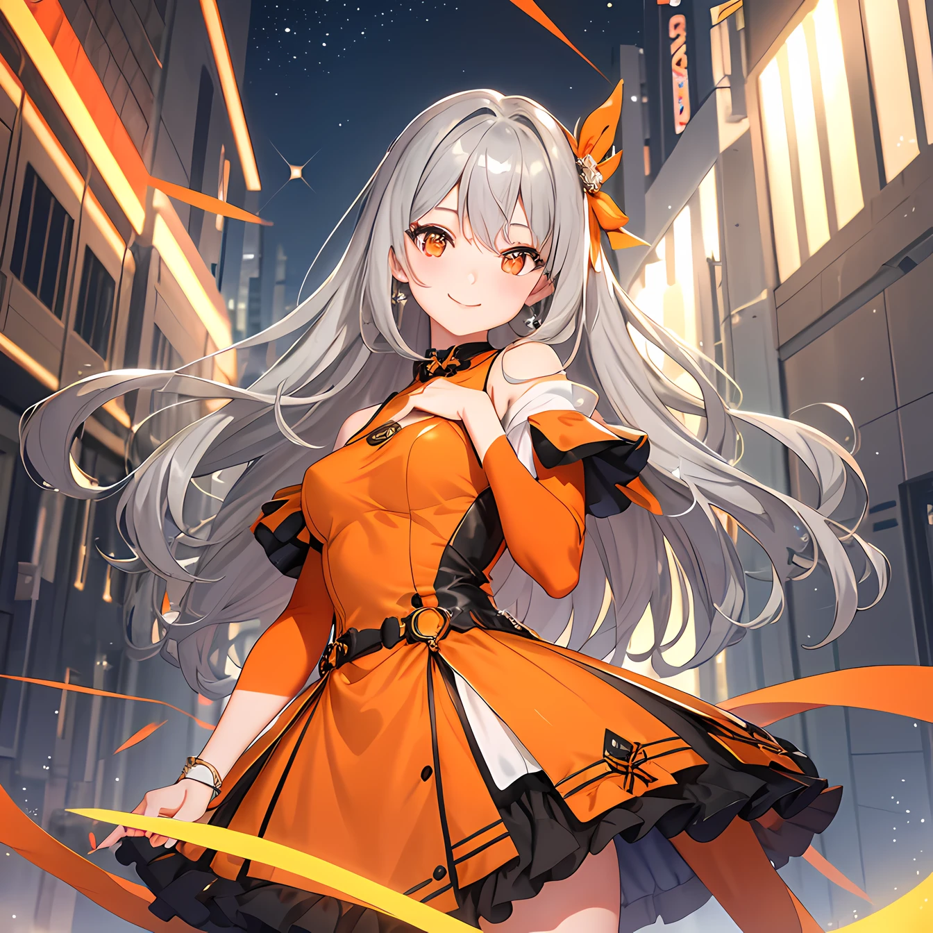 masterpiece, best quality, 1 girl, gray hair, orange eyes, smile, orange and gray outfit, sparkles, orange and gray lights, fantasy, upper body, smile, gray buildings, night