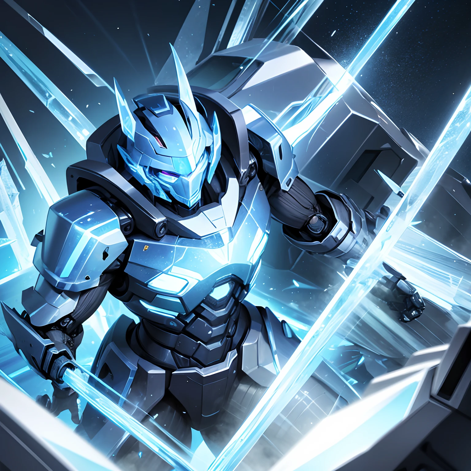 super high quality, robot warrior, ice sculpture, cool, iridescent, professional lighting