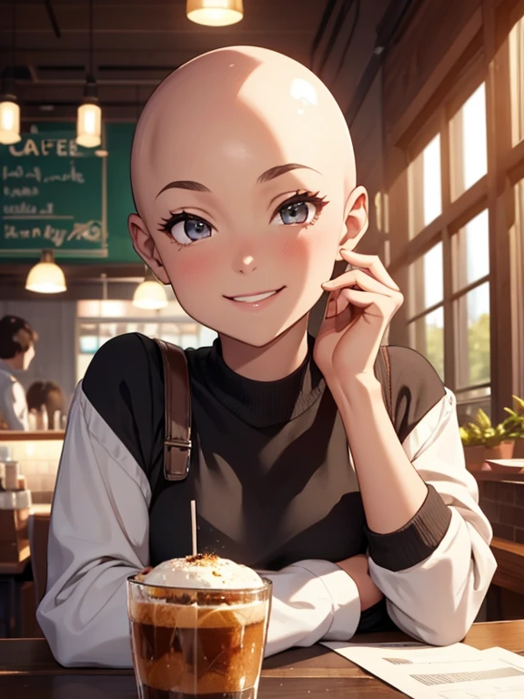 1girl, bald-headed, POV, looking at the viewer, on a date, in cafe shop, smiling shyly at the viewer