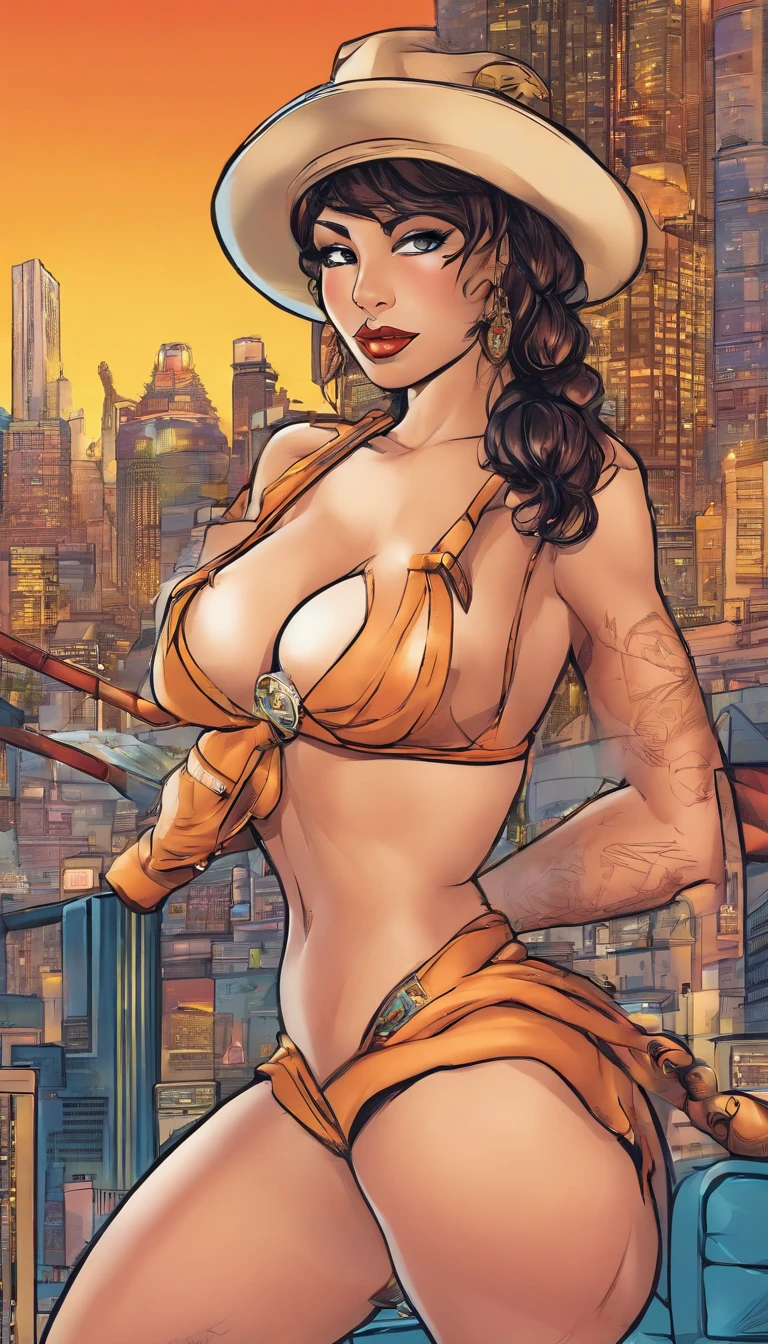 Image of a almost naked busty girl wearing a hat and scarf, (colossal breasts) With a shotgun in her hand,trends in art station,Wear lingerie or rags,barely undressed, Ultra-realistic photographic art, revealing,intimidating pose,Planet of strippers,skimpy revealing attire,urban nakedness, nudity, Wear a work cap,Navigate the city