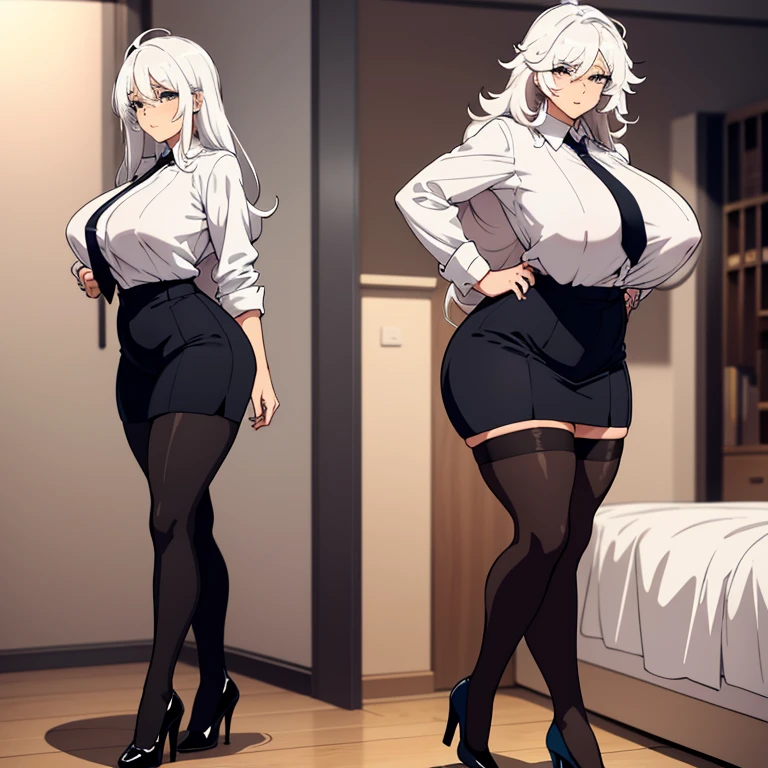 huge breasts, huge ass, big thighs, small waist, white hair, luscious messy hair, tied up hair, tall(adult), business outfit, shirt close to bursting, loose tie, perky nipples, thigh highs, heels, seductive face