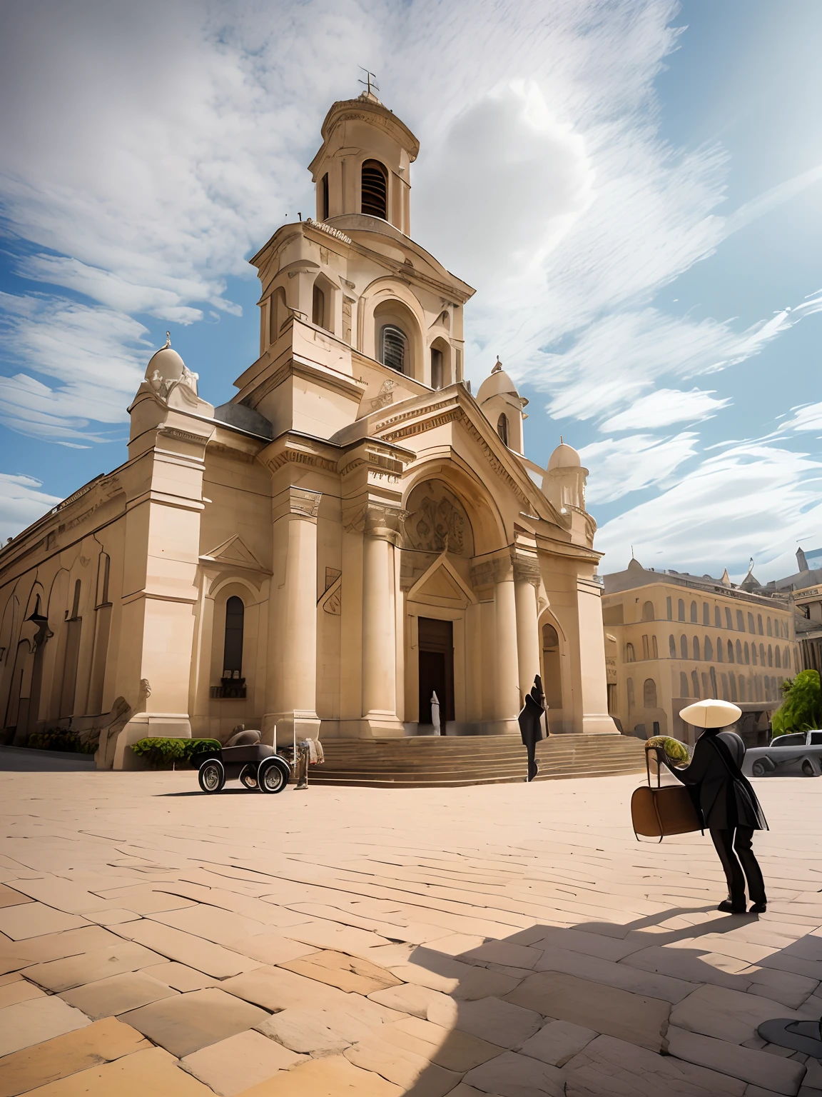 (La mejor calidad,4k,8k,Altas Resoluciones,Obra maestra:1.2),Ultra detallado,(realista,fotorrealista,fotorrealista:1.37),una antigua catedral en medio del centro de la ciudad,neoclassical building,Gothic,white marble,hermosa iglesia,Vista desde las calles,Retratos,Paisaje,HDR,vivid colors,Studio lighting,tenue luz del sol dorada,Arcos,Esculturas ornamentadas,arbotantes,agujas puntiagudas,delicados vitrales,Calles empedradas,historia antigua,Lively atmosphere,Presencia imponente,Majestuosa entrada,altas columnas blancas,gran fachada,ichnography,Ambiente tranquilo,Ethereal Beauty,Sombras moteadas,turistas explorando,passing locals,tallas de piedra envejecidas,impressive dome,patio sereno,Historical significance,patrimonio cultural,Estructura imponente,arcos impresionantes,interiores iluminados por el sol,majestic organ music,oasis de paz,centro de espiritualidad,lugar santo de culto,Impressive acoustics,nave impresionante,iconic landmark,Architectural masterpiece