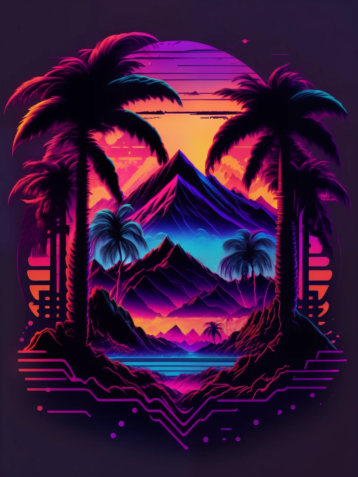 mountains, palm trees and sun, vectorized, synthwave, purple blue red orange, bright neon colors on a dark background,