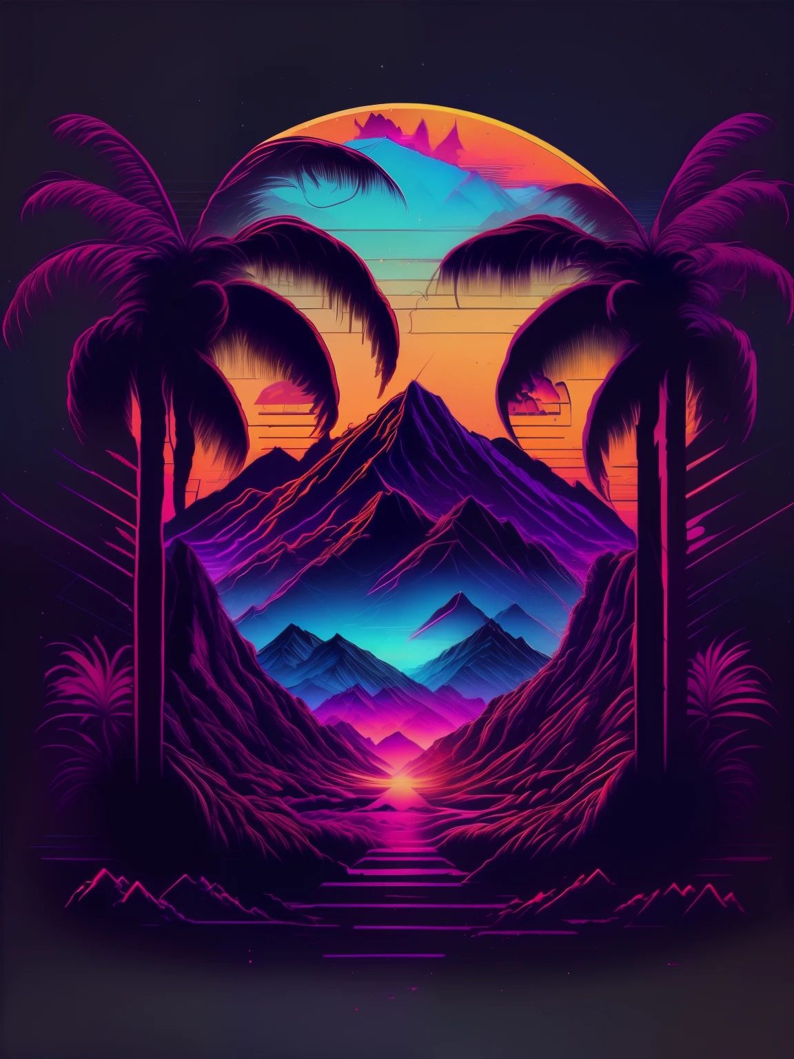 mountains, palm trees and sun, vectorized, synthwave, purple blue red orange, bright neon colors on a dark background,