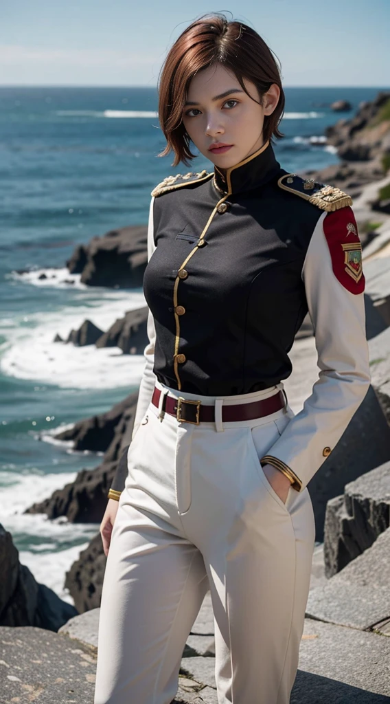 (Highest resolution, distinct_image) Excellent, masterpiece, high detail, semi-realistic, Dishonored 2, a very beautiful woman, solo, normal handsome stance, short red hair, golden eyes, indifferent expression, 18 years old, young, tall and strong , white and red military uniform, trousers, military pants, military boots, military uniform, military school, confident, serious, high-cold and proud, standing on a cliff, overlooking