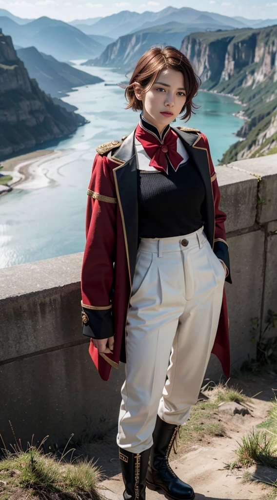 (Highest resolution, distinct_image) Excellent, masterpiece, high detail, semi-realistic, Dishonored 2, a very beautiful woman, solo, normal handsome stance, short red hair, golden eyes, indifferent expression, 18 years old, young, tall and strong , white and red military uniform, trousers, military pants, military boots, military uniform, military school, confident, serious, high-cold and proud, standing on a cliff, overlooking